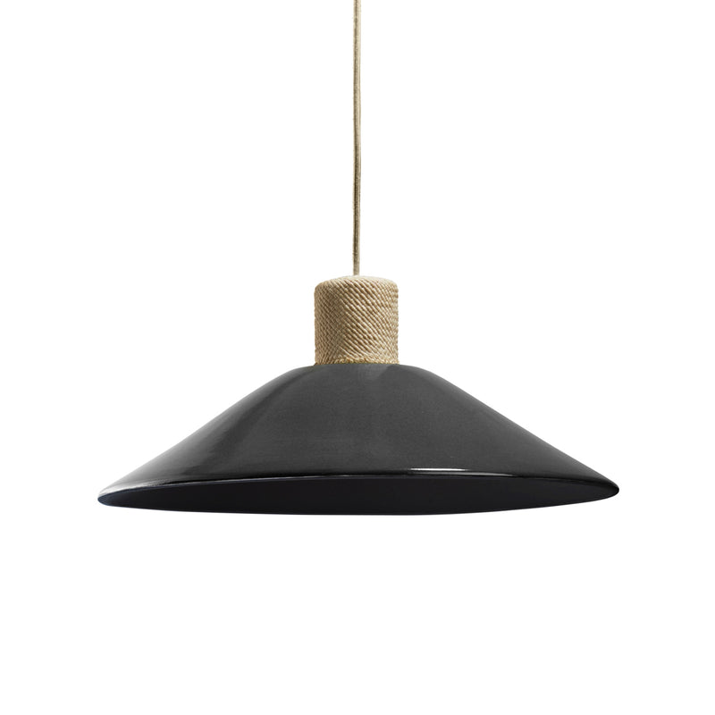 The Ames Raiz Pendant Lamp Large by Ames features a wide black ceramic cone shade, a top wrapped in natural rope, and hangs from a beige cord—an elegant showcase of Colombian craftsmanship.