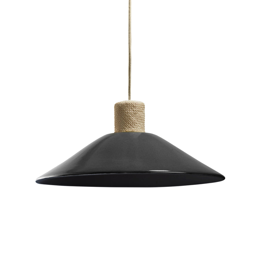 The Ames Raiz Pendant Lamp Large by Ames features a wide black ceramic cone shade, a top wrapped in natural rope, and hangs from a beige cord—an elegant showcase of Colombian craftsmanship.