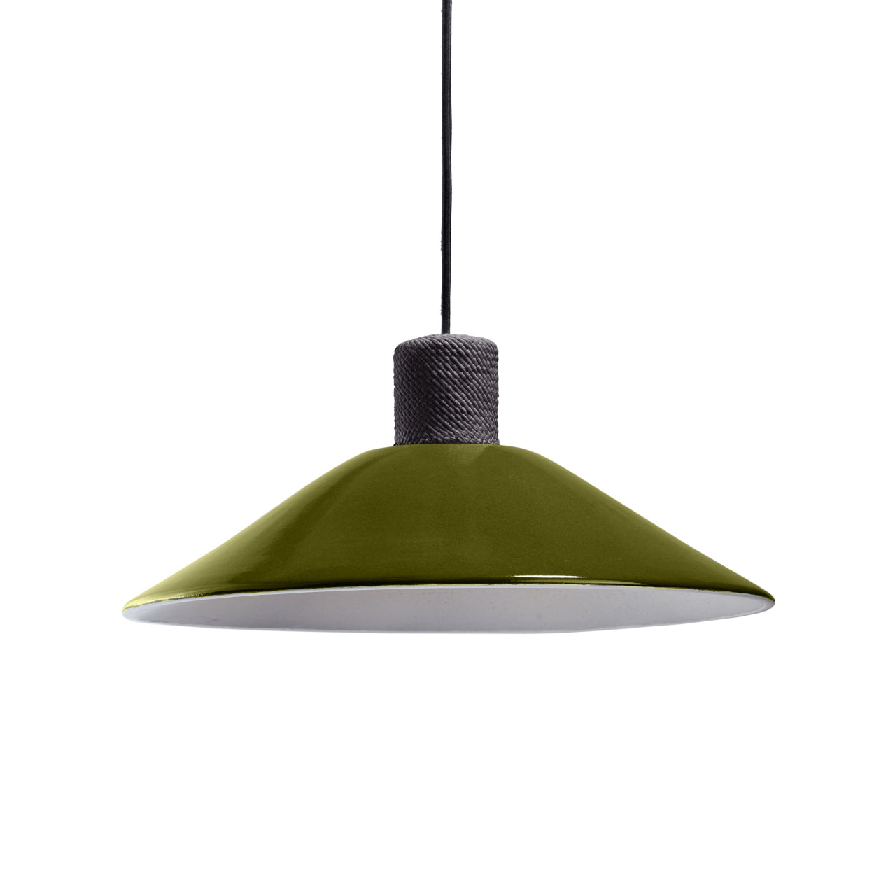 The Ames Raiz Pendant Lamp Large by Ames features a wide, flat, olive green ceramic shade with handcrafted details. It includes a black fabric-covered socket and cord, shown suspended against a white background.
