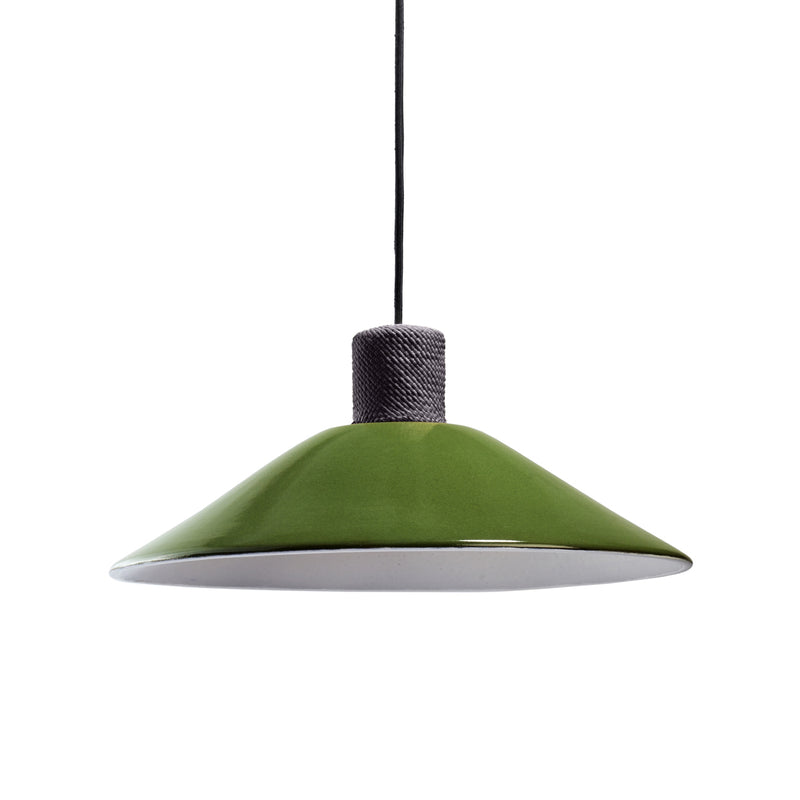 The Ames Raiz Pendant Lamp Large by Ames features a wide green ceramic shade and a black textured fixture, handmade in Colombia. Hanging from a black cord, it highlights stylish craftsmanship and modern design.