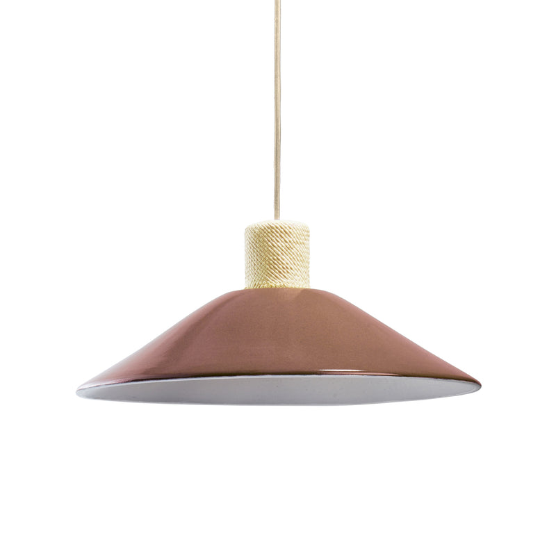The Ames Raiz Pendant Lamp Large by Ames features a wide, conical brown ceramic shade, textured beige socket, and beige cord—showcasing Colombian craftsmanship and hanging elegantly against a white backdrop.