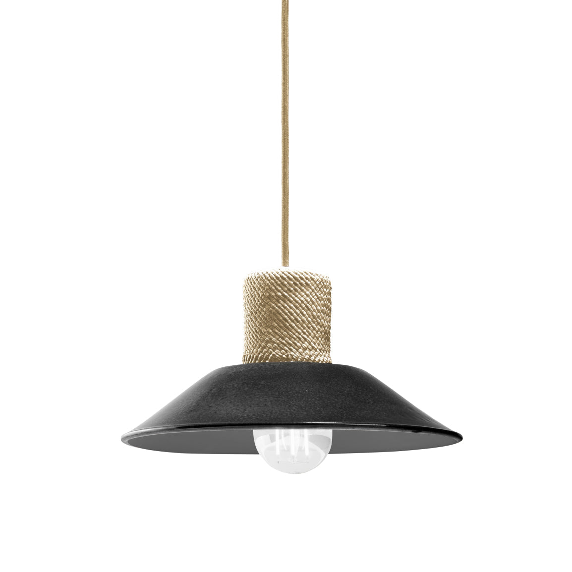 The Ames Raiz Pendant Lamp Small by Ames features a black, wide flared shade, a visible round bulb, and a rope-wrapped socket, showcasing Colombian craftsmanship as it hangs from a beige cord against a white background.