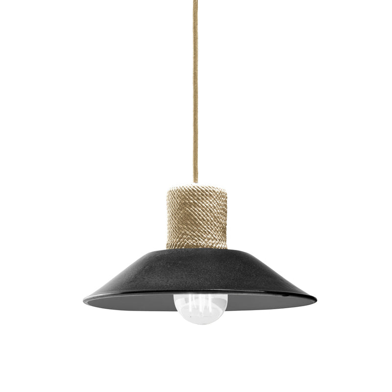 The Ames Raiz Pendant Lamp Small by Ames features a black, wide flared shade, a visible round bulb, and a rope-wrapped socket, showcasing Colombian craftsmanship as it hangs from a beige cord against a white background.