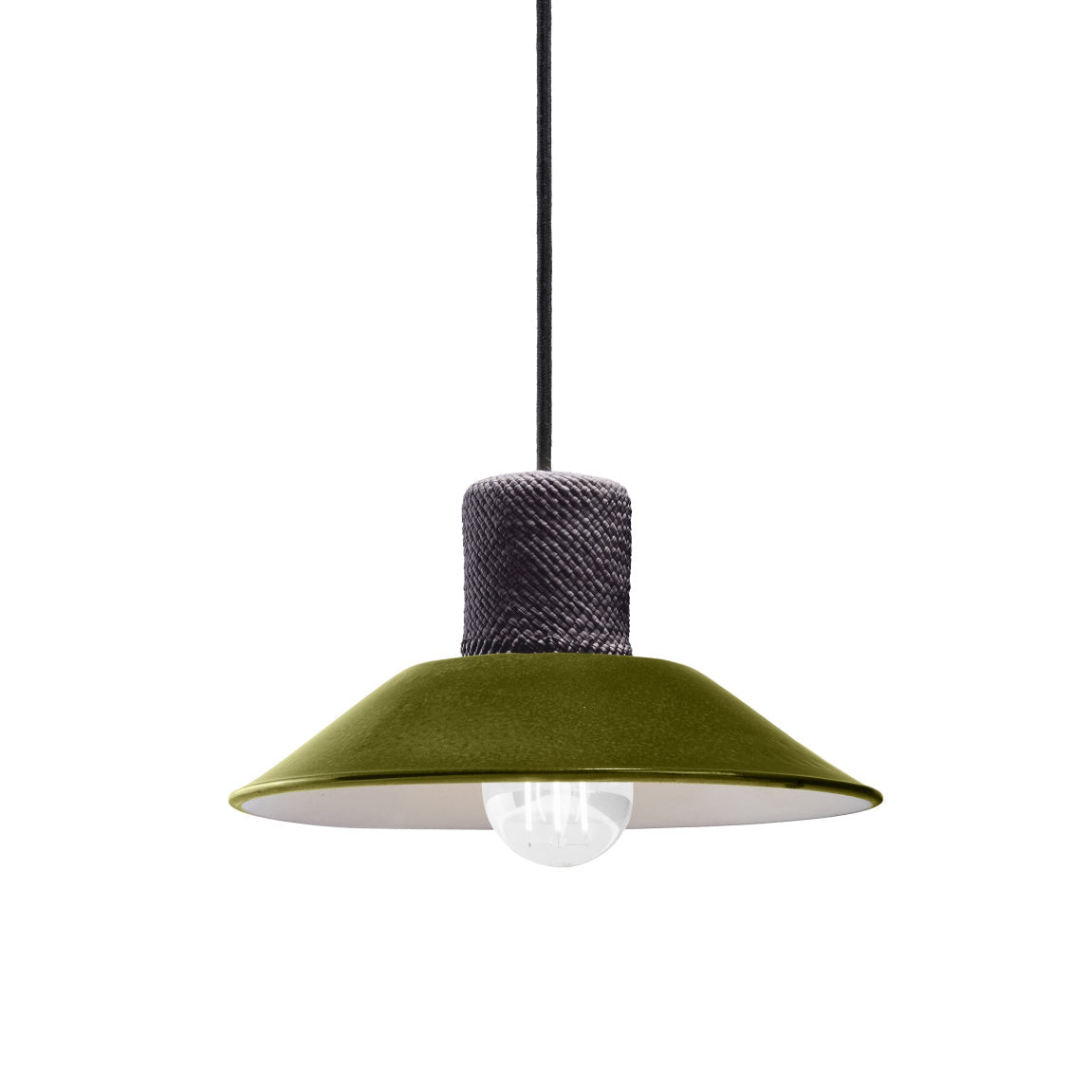 The Ames Raiz Pendant Lamp Small by Ames features a textured gray ceramic top, olive green conical shade, and visible white bulb, highlighting Colombian craftsmanship. It hangs from a black cord and stands out against a white background.