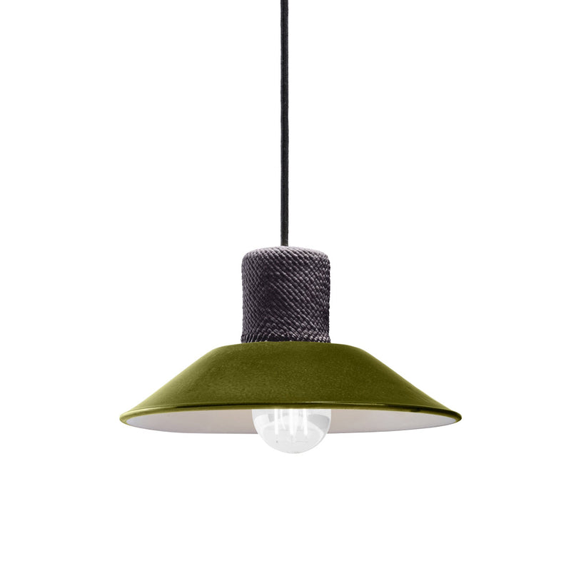 The Ames Raiz Pendant Lamp Small by Ames features a textured gray ceramic top, olive green conical shade, and visible white bulb, highlighting Colombian craftsmanship. It hangs from a black cord and stands out against a white background.