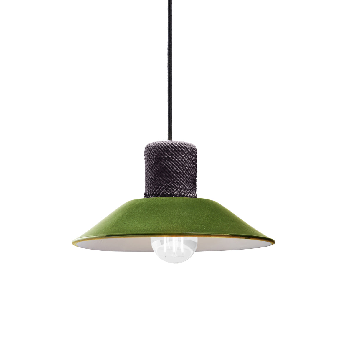 The Ames Raiz Pendant Lamp Small by Ames features a modern, green, wide cone-shaped shade with a visible clear bulb. Hanging from a black cord, its socket area has textured dark gray detailing that showcases Colombian craftsmanship.