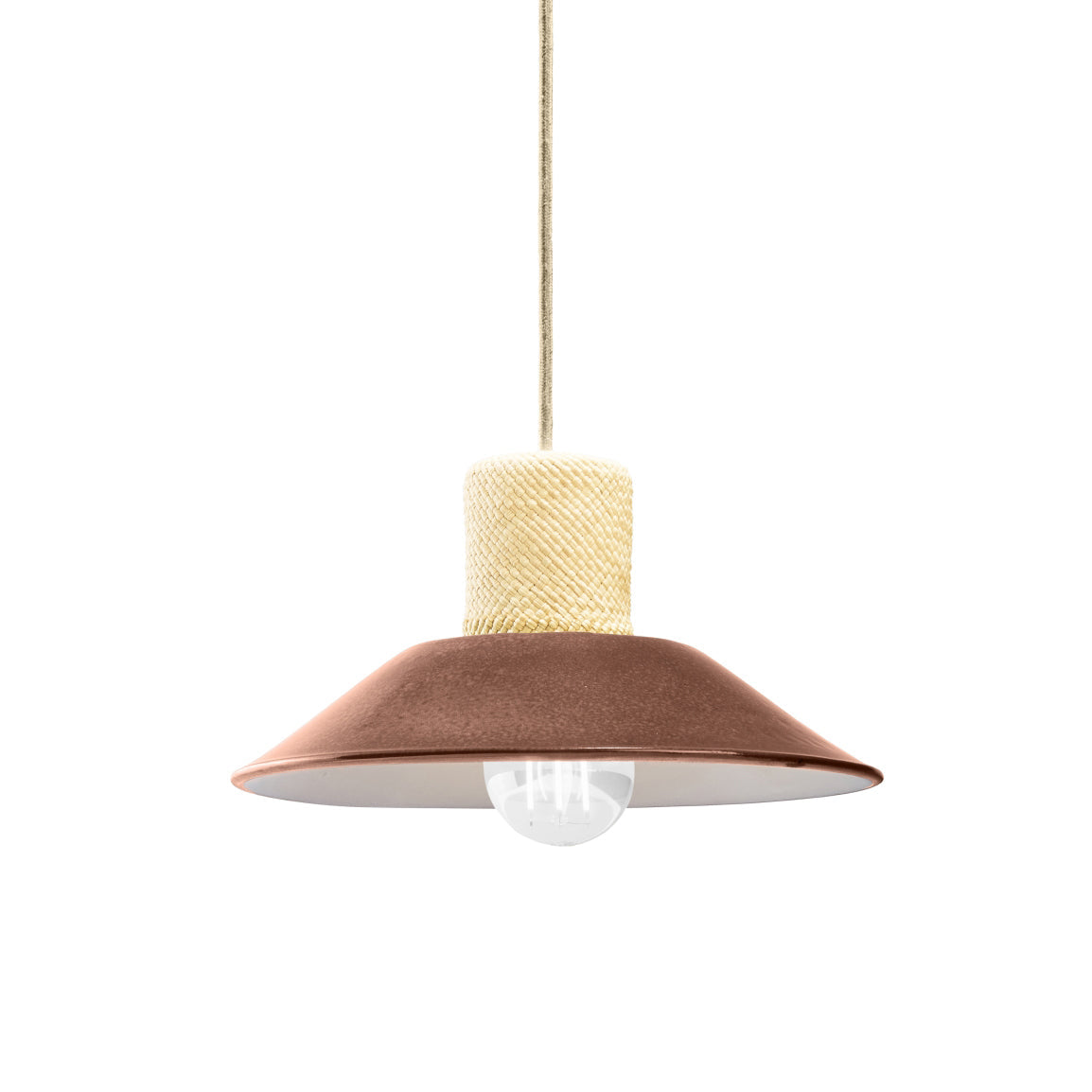 The Ames Raiz Pendant Lamp Small by Ames features a wide brown conical shade, textured beige cylindrical top, and beige cord. Handmade in Colombia, this ceramic pendant reveals a visible bulb beneath its white interior.