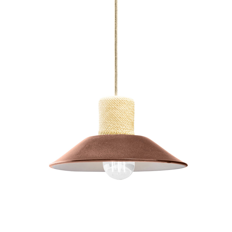The Ames Raiz Pendant Lamp Small by Ames features a wide brown conical shade, textured beige cylindrical top, and beige cord. Handmade in Colombia, this ceramic pendant reveals a visible bulb beneath its white interior.