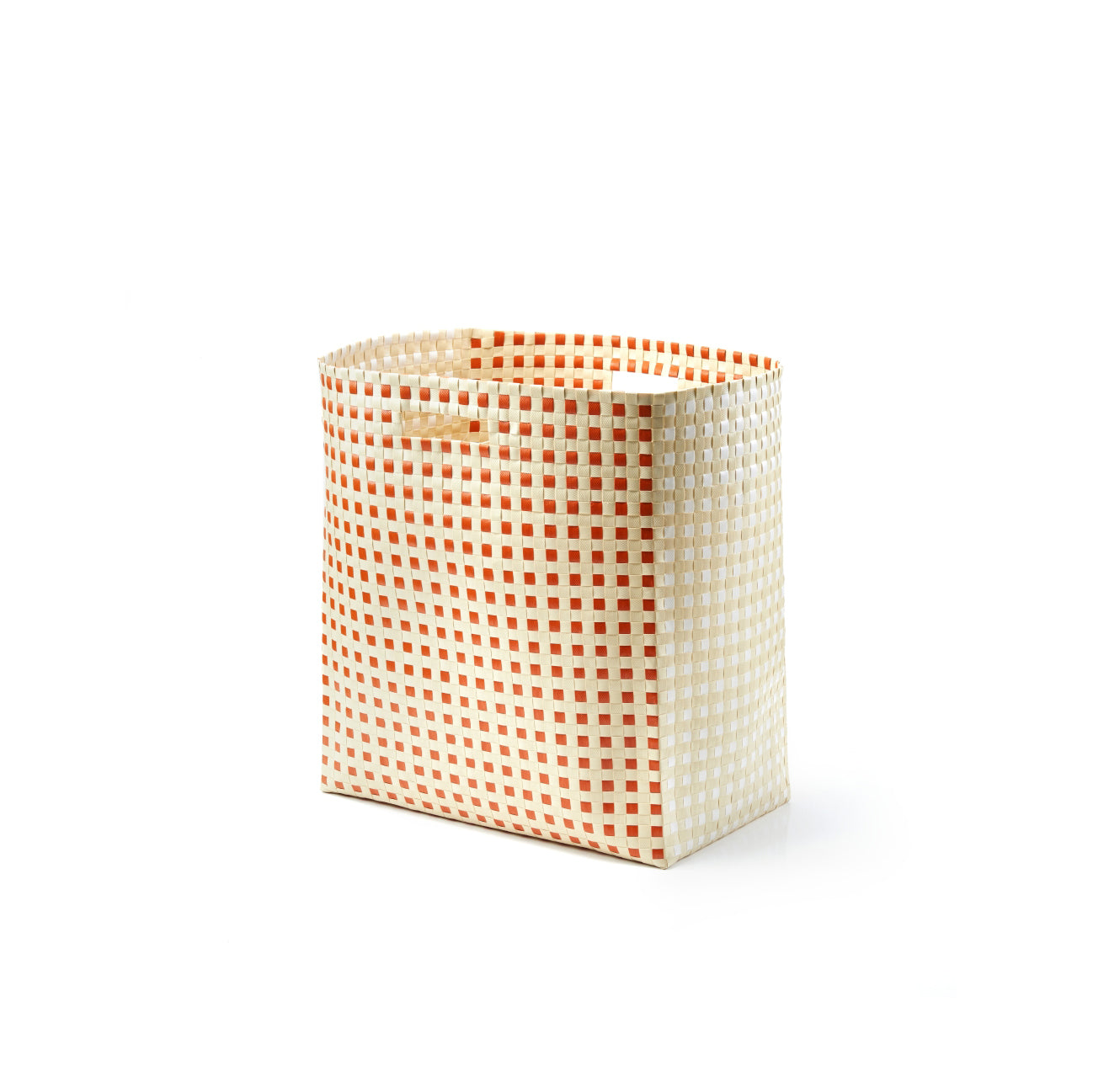 The hand-made Ames Suncho Basket is a rectangular storage solution with orange and white checkers crafted from recycled Polypropylene, reflecting Pauline Deltours style. Its a chic addition in front of a plain white background.