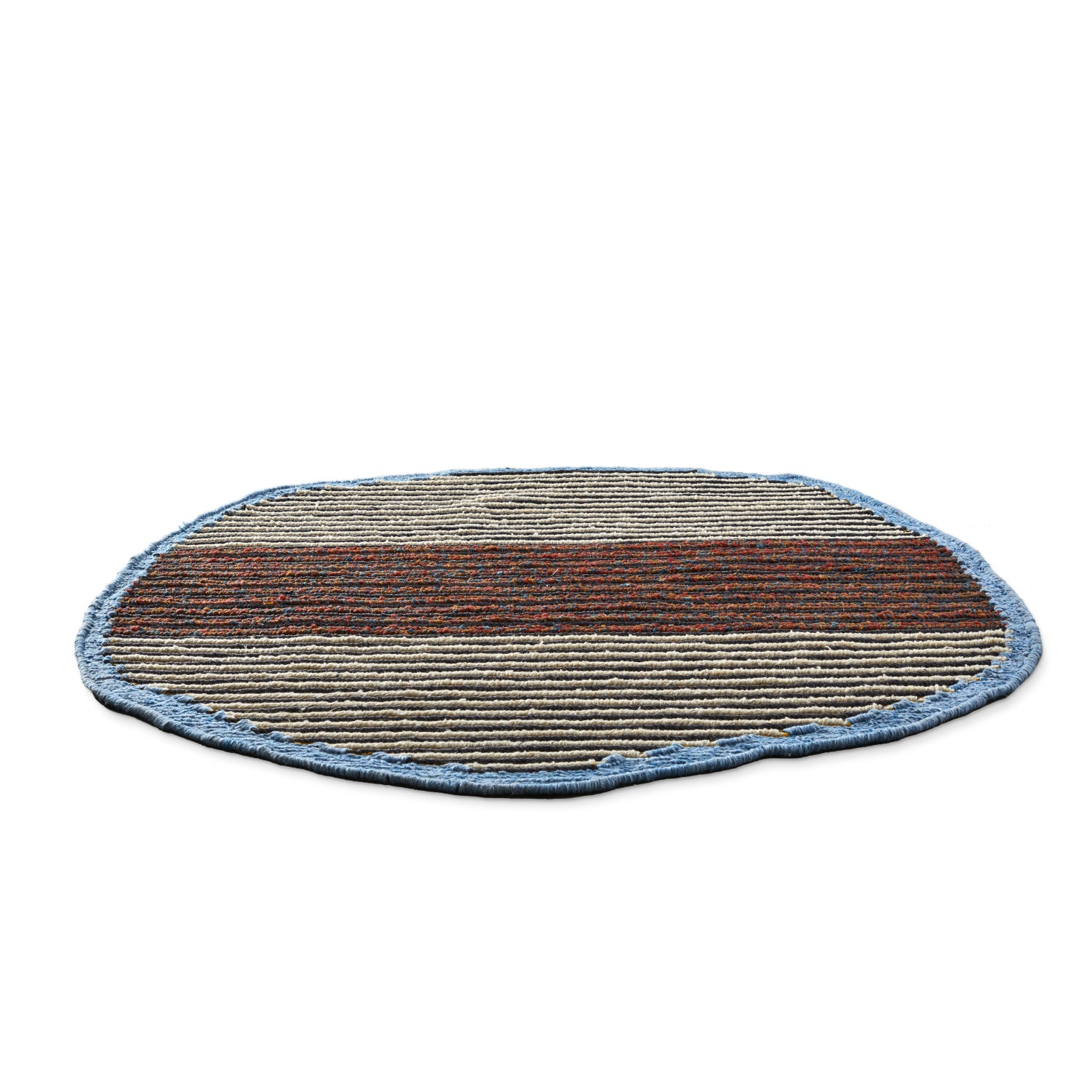 The Uilas Noche Rug by Ames features a round, striped design with beige, brown, and red bands and a blue border. Its textured surface includes black dyed fique fiber for added luxury, all elegantly presented on a plain white background.