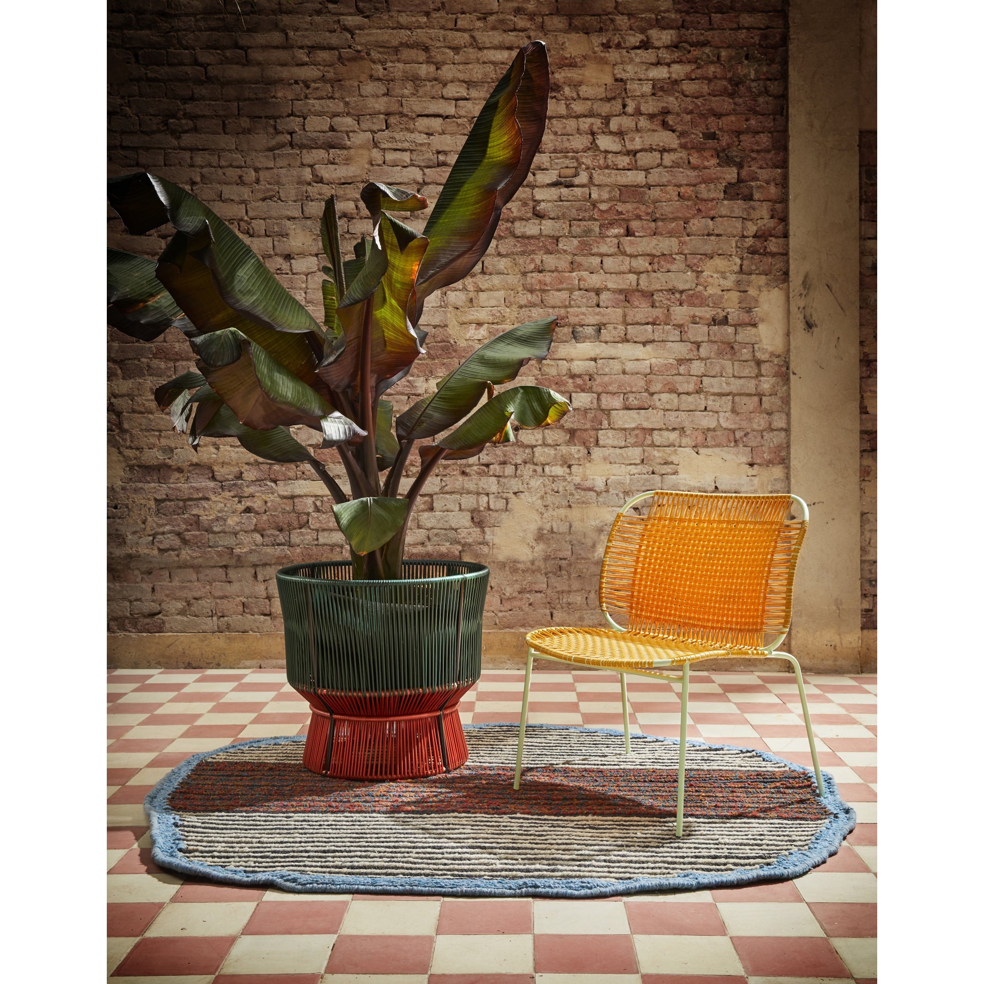 A cozy scene features a large potted plant in a green and red planter next to an orange woven chair on the Ames Uilas Noche black dyed fique fiber rug. The backdrop is a rustic brick wall, contrasted by a luxurious red and white checkered floor pattern.