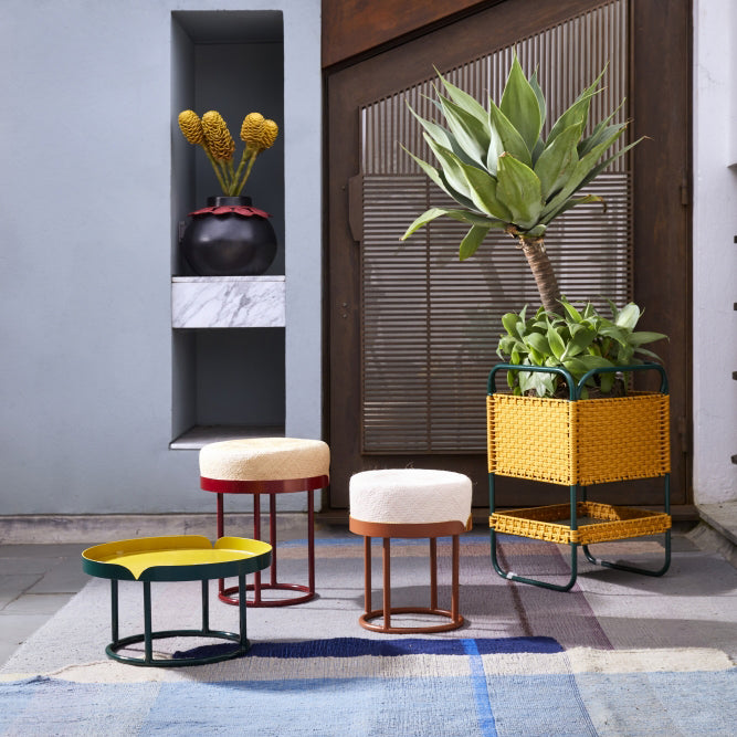 A stylish indoor scene featuring three Ames Victorias Poufs, a yellow tray table, Amazonia-inspired decor, a large succulent in a woven basket stand, and a black vase with yellow flowers on a marble shelf against a light blue wall.