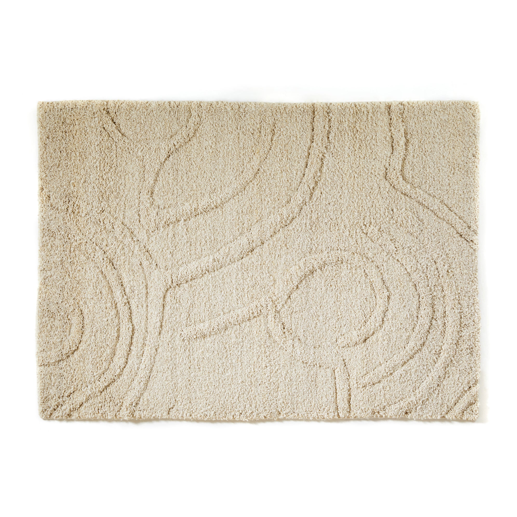 The Zenues Rug by Ames is a rectangular beige rug with a textured surface, featuring abstract swirl and loop patterns inspired by Zenu culture. Its subtle design adds a decorative touch while maintaining an elegant and neutral color scheme.