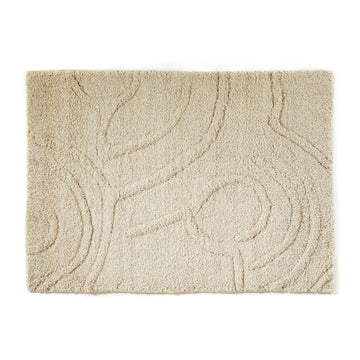 The Zenues Rug by Ames is a rectangular beige rug with a textured surface, featuring abstract swirl and loop patterns inspired by Zenu culture. Its subtle design adds a decorative touch while maintaining an elegant and neutral color scheme.