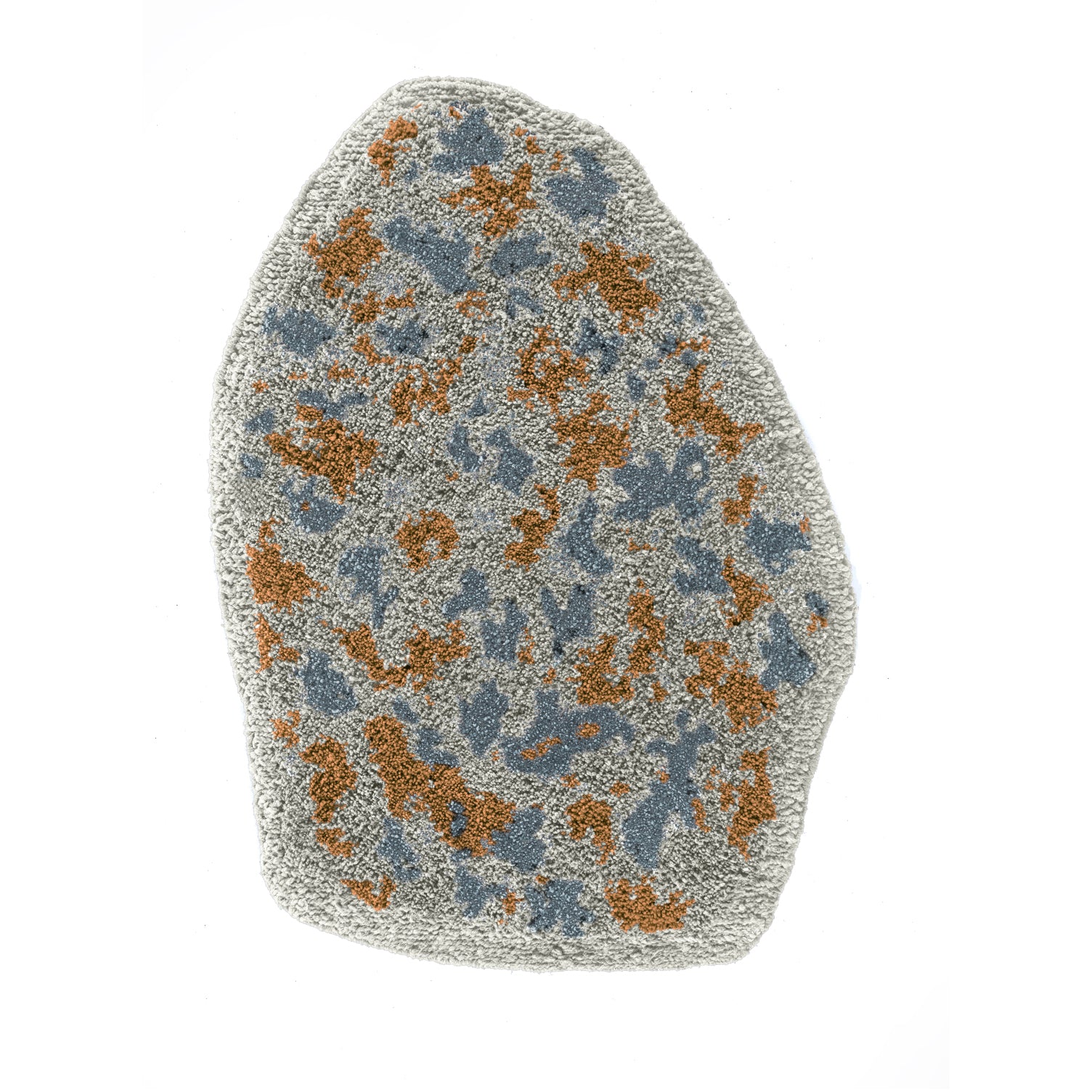 The Ames Zipa Rug by Ames features a textured, irregular gray design with blue and brown spots, creating an abstract statement piece that stands out beautifully on a white background.