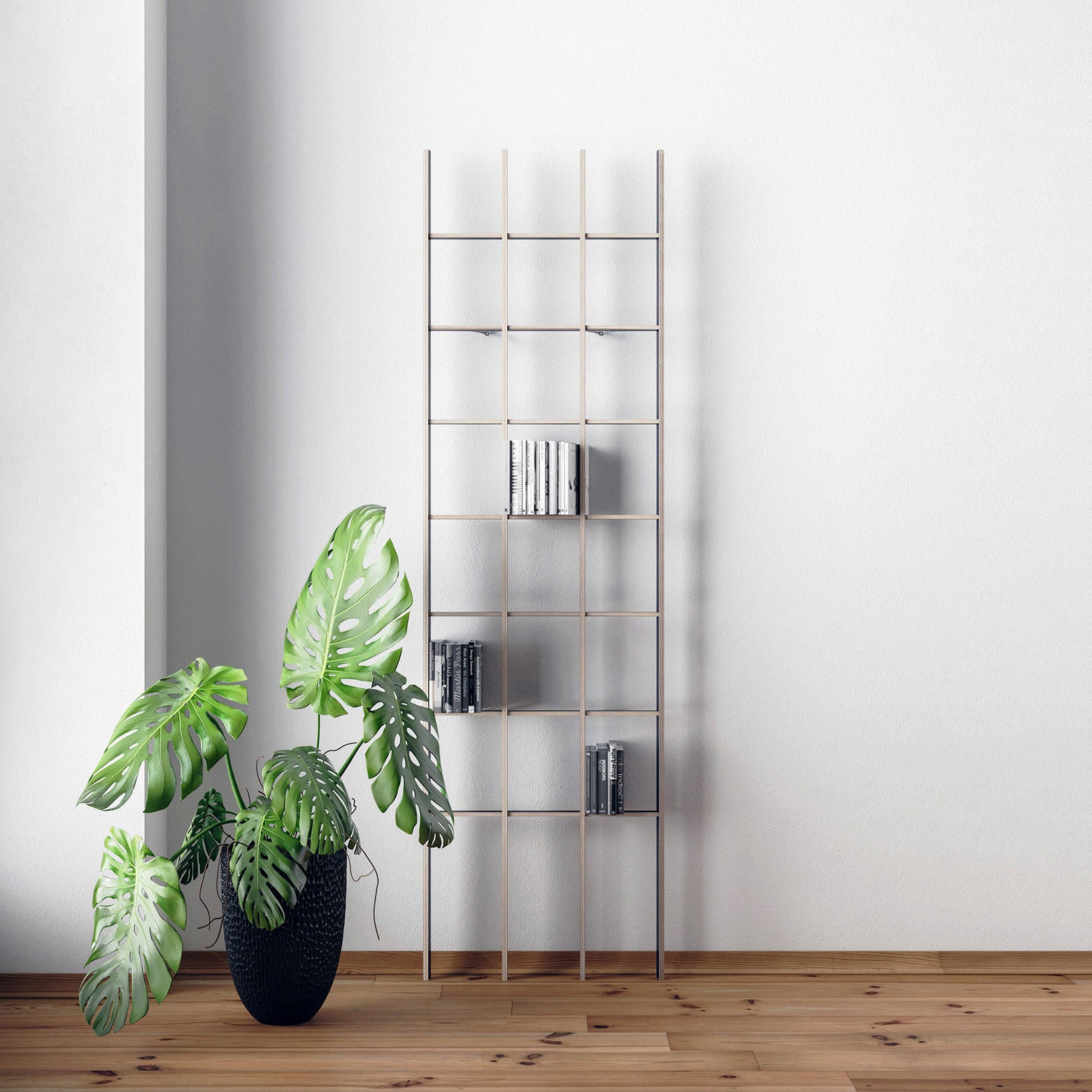 A minimalist room features the Open, a tall, narrow plywood bookcase by Martin Breuer Bono with a few black-and-white books. Beside it is a large green potted plant with broad leaves. The light wooden floor and plain white walls complete the minimalist design.