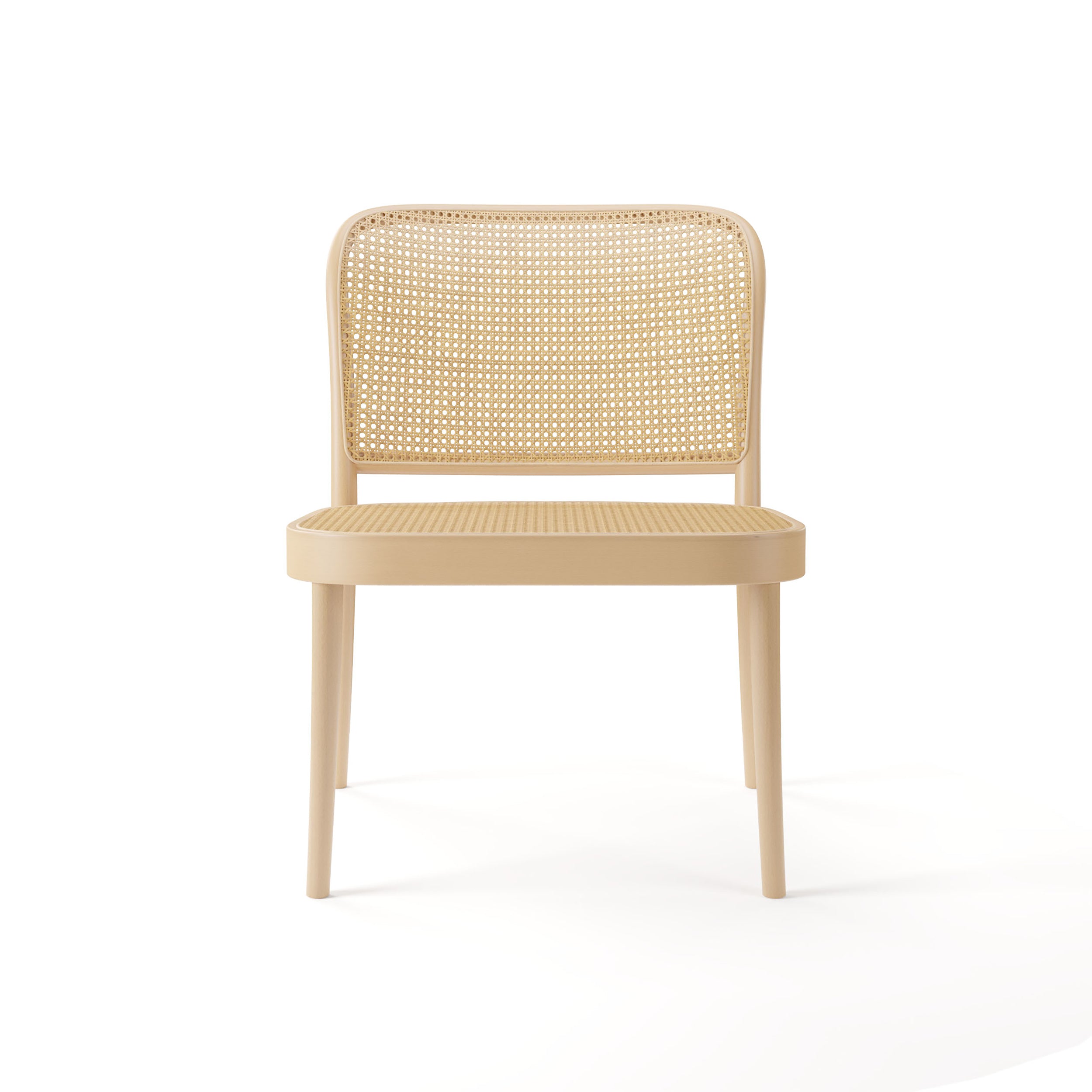 The Loungechair 811 by TON is a wooden chair with a light beige finish, featuring a cane weave backrest and solid wooden seat. Ideal for relaxation spaces, it has four straight legs and is shown against a plain white background.