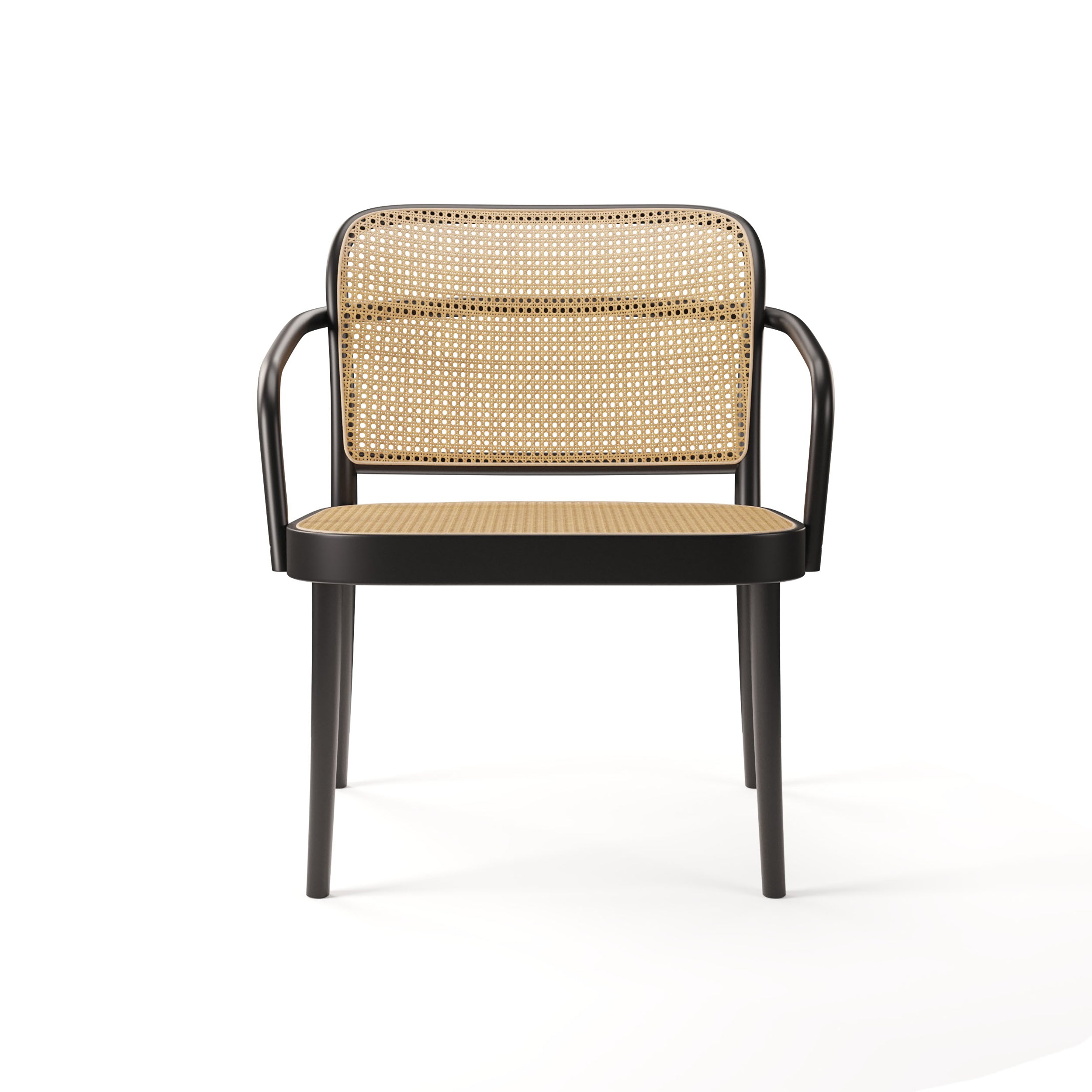 The TON Lounge Armchair 811 showcases a black metal frame with cane weaves on the rattan backrest and seat. It features sleek, curved armrests, set against a plain white background.