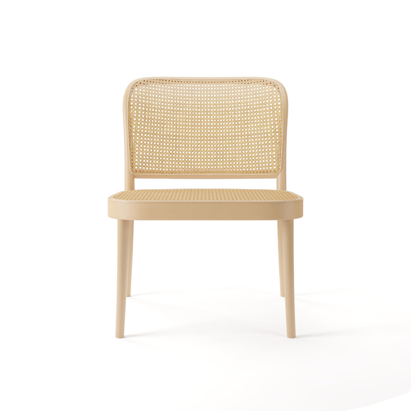 The Loungechair 811 by TON is a wooden chair with a light beige finish, featuring a cane weave backrest and solid wooden seat. Ideal for relaxation spaces, it has four straight legs and is shown against a plain white background.