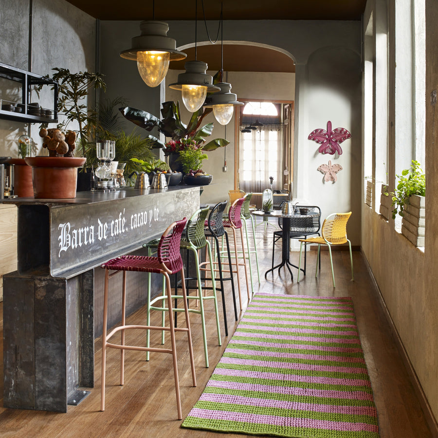 Colorful bar stools line a rustic café counter with potted plants, pendant lights, and a patterned rug. Sunlight brightens the cozy interior featuring wooden floors and Ames Cattleia Wall Decor by Ames.