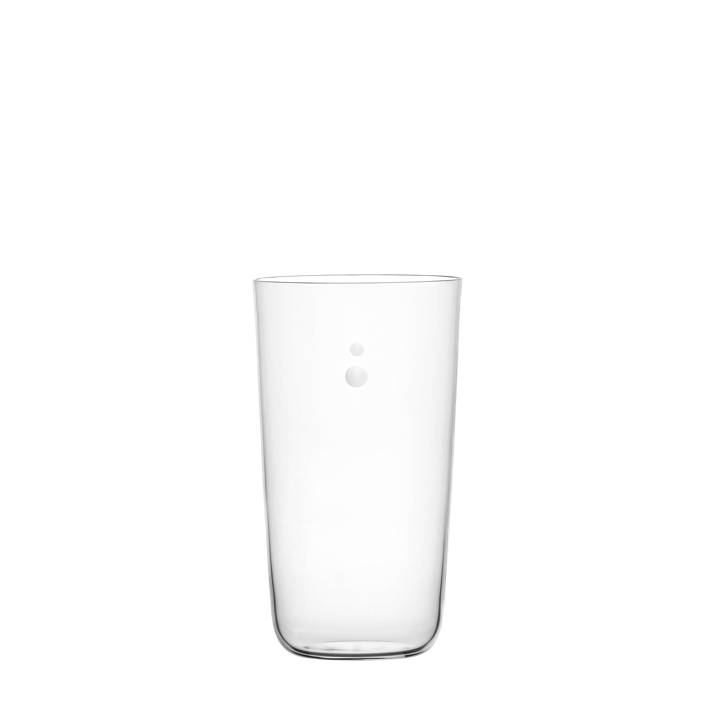 The Lobmeyr Drinking Set No. 4 - Now is Better features a clear tall beer tumbler with two small frosted dots vertically aligned in the center, set against a plain white background.