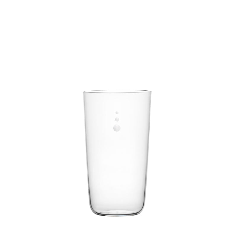The Lobmeyr Drinking Set No. 4 - Now is Better features a clear, mouth-blown crystal tumbler with a minimalist design and three vertical etched circles, elegantly highlighted against a white background to enhance its transparency.