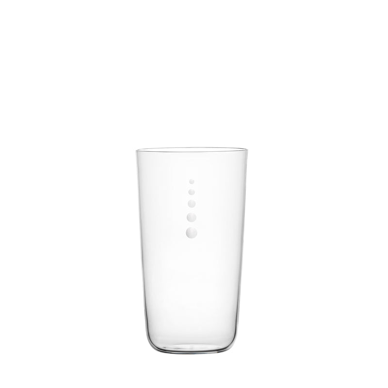 The Lobmeyr Drinking Set No. 4 - Now is Better features a mouth-blown crystal glass tumbler with a minimalist style and five vertically aligned frosted dots of varying sizes, making it an elegant piece for beer lovers.