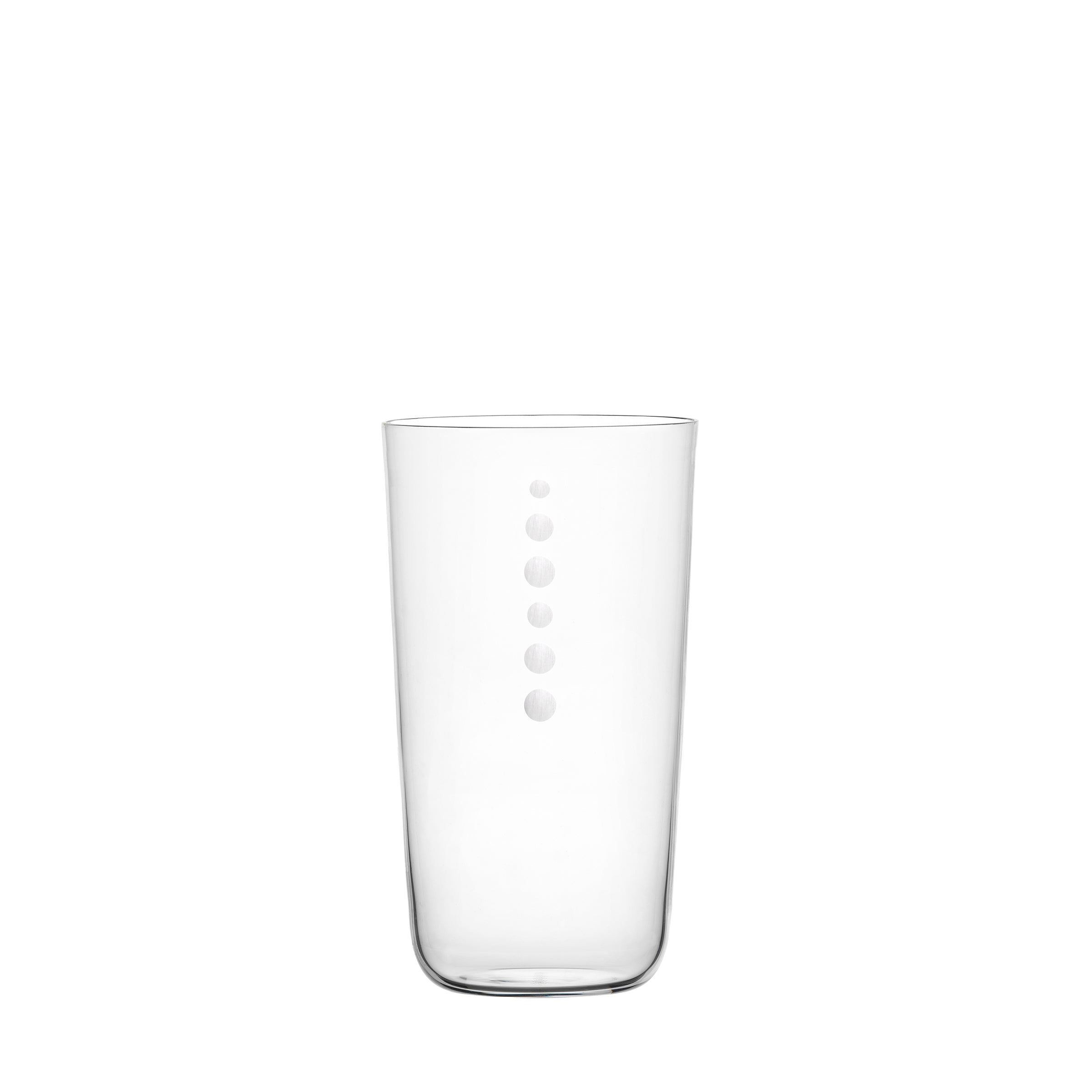 The Drinking Set No. 4 - Now is Better by Lobmeyr features a mouth-blown crystal glass tumbler with a straight-sided design and vertical frosted dots along the top, set against a plain white background.