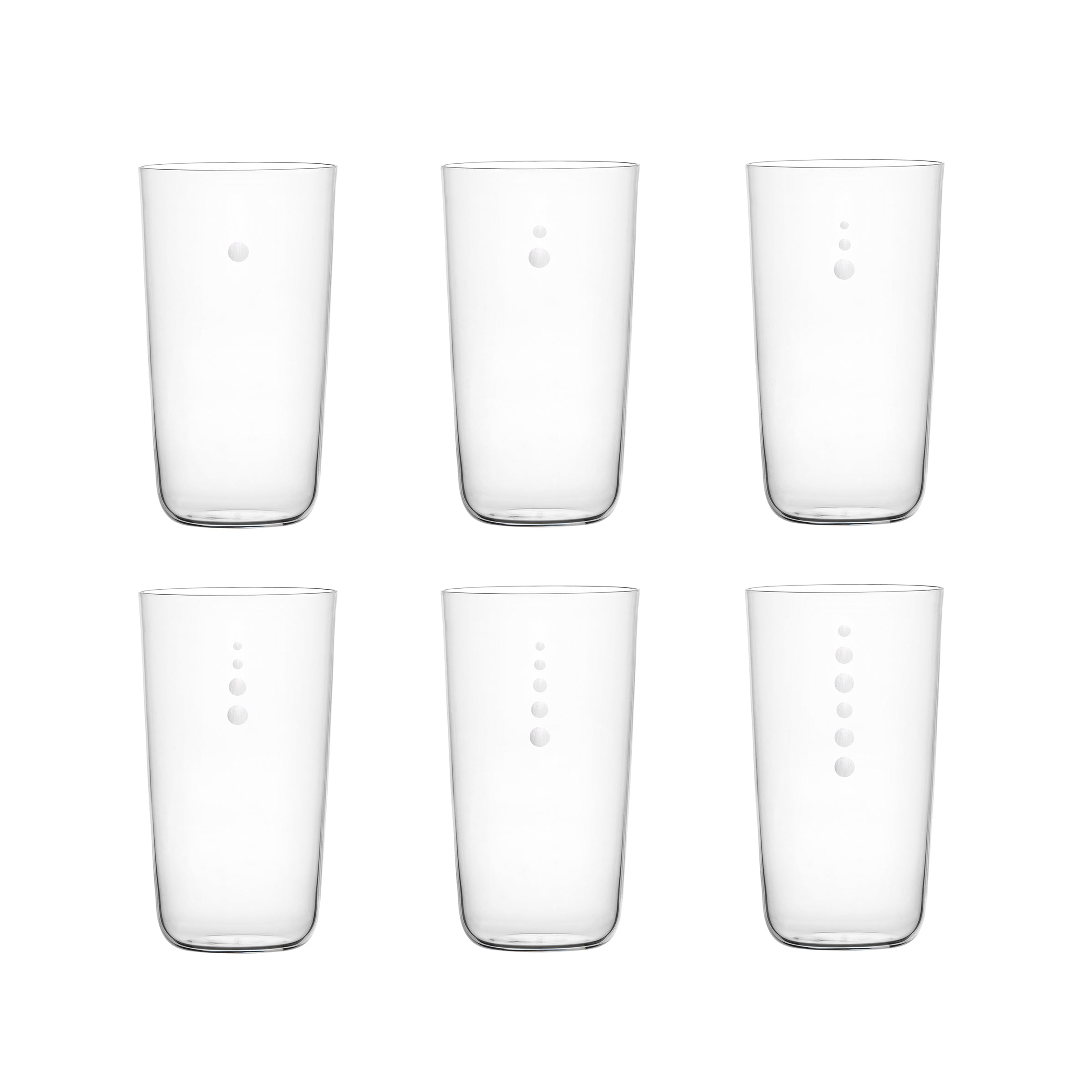 A set of six clear drinking glasses by Lobmeyr, crafted from mouth-blown crystal, is displayed in two rows. Each glass in Drinking Set No. 4 - Now is Better features a vertical line of embossed dots ranging from one to five against a plain white background.