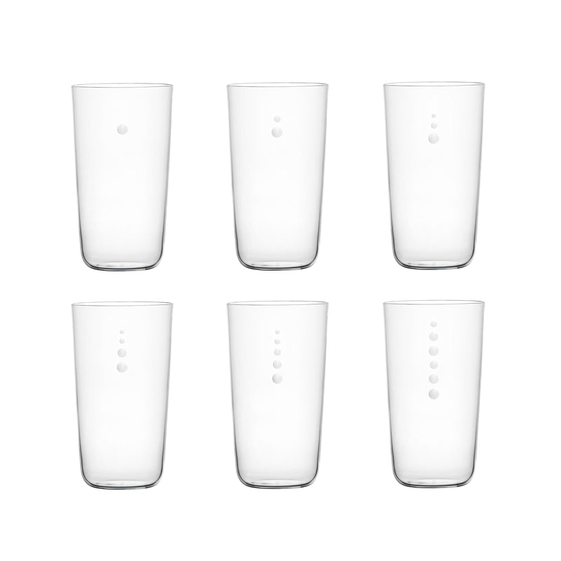 A set of six clear drinking glasses by Lobmeyr, crafted from mouth-blown crystal, is displayed in two rows. Each glass in Drinking Set No. 4 - Now is Better features a vertical line of embossed dots ranging from one to five against a plain white background.
