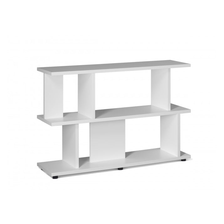 The SH05 ARIE by E15 is a modern white shelving unit with a rectangular design, two open shelves, and a central divider. This minimalist piece functions as both sleek storage and an elegant room divider against any plain background.