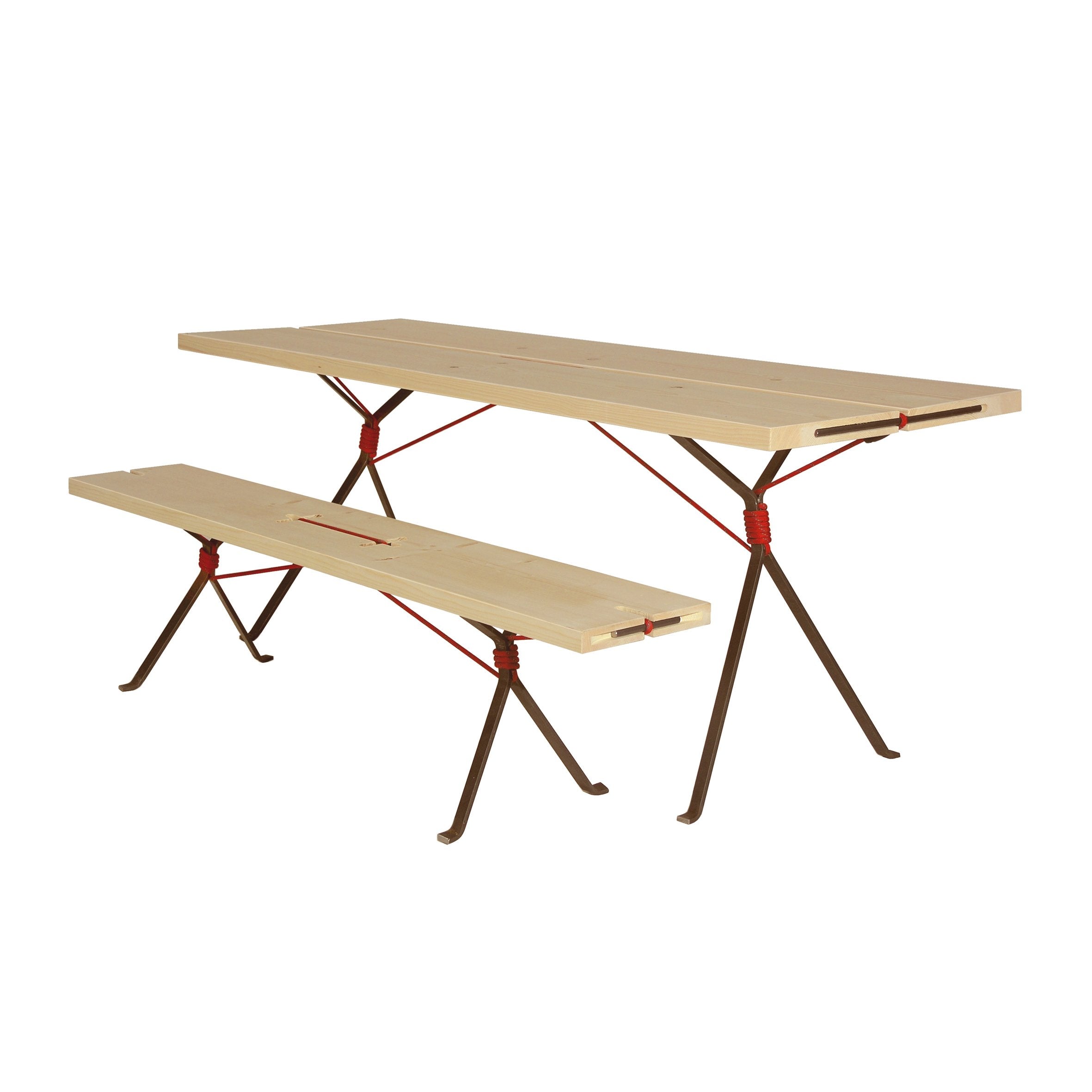 The Kampenwand Bench by Moormann is ideal for outdoor use, with its minimalist design, featuring light wood surfaces and red-accented metal legs. Inspired by Nils Holger Moormann, it includes a unique folding mechanism that highlights simplicity and functionality.