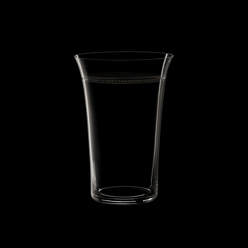 A clear, mouth-blown BV20 Flower Vase by Lobmeyr, featuring a wide rim and narrow base, is set against a solid black background, subtly reflecting light along its contours.
