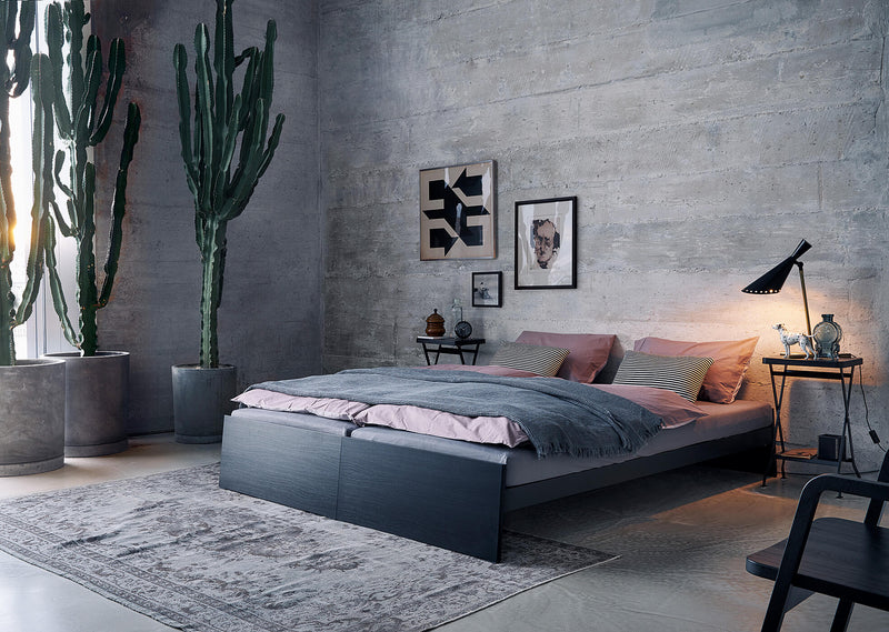 A modern bedroom showcases a concrete wall, large potted cacti, and Richard Lamperts Lönneberga Stacking Bed with pink and gray bedding. Abstract wall art, a nightstand with a lamp, and a patterned rug complete the scene. Versatile space-saving furniture keeps the warm-lit decor cozy yet functional.