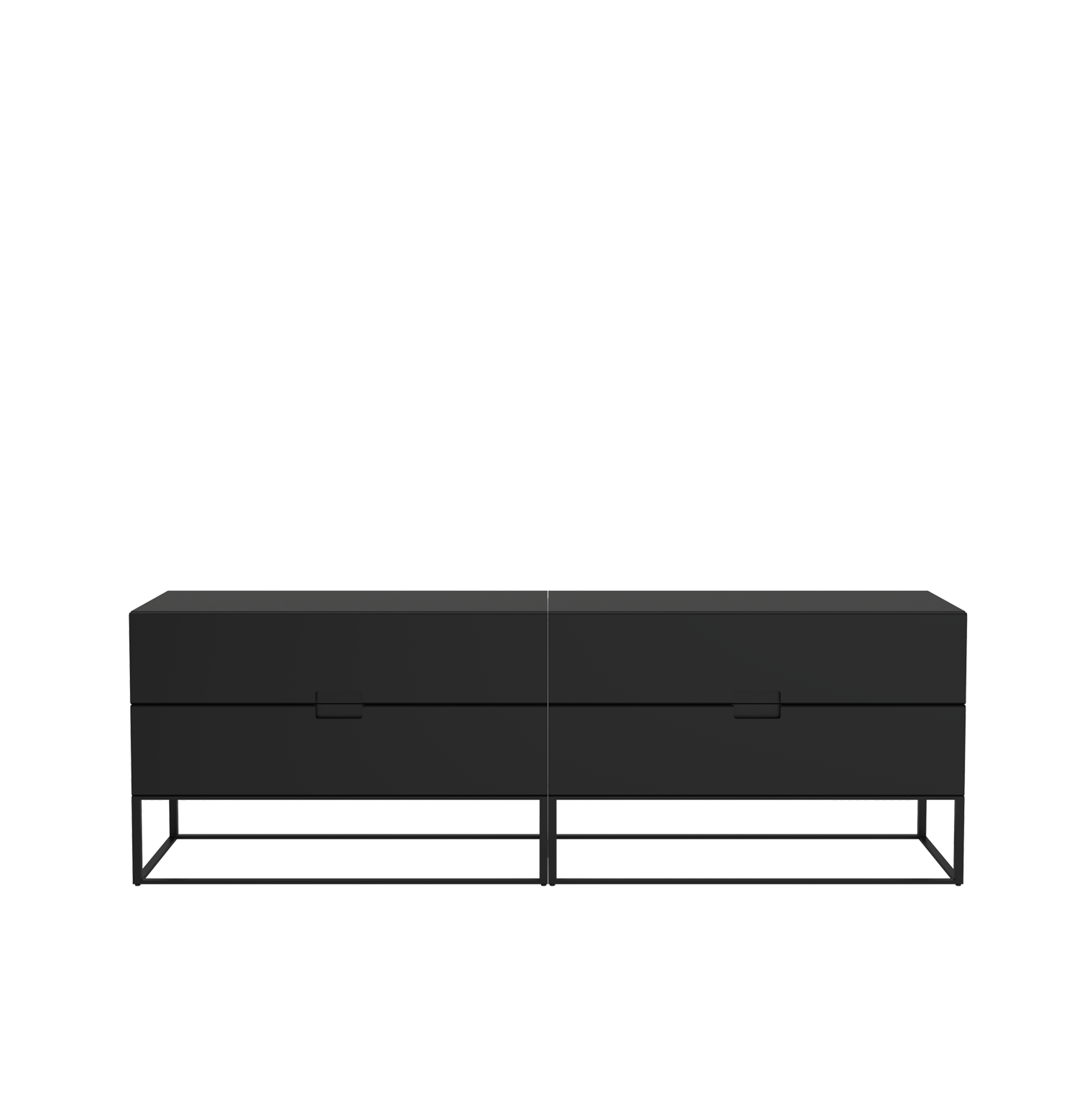 The Fischer Shelving System by Objekte unserer Tage is a sleek, modern black TV stand with two drawers and open shelving, featuring a puristic design on a metal frame.