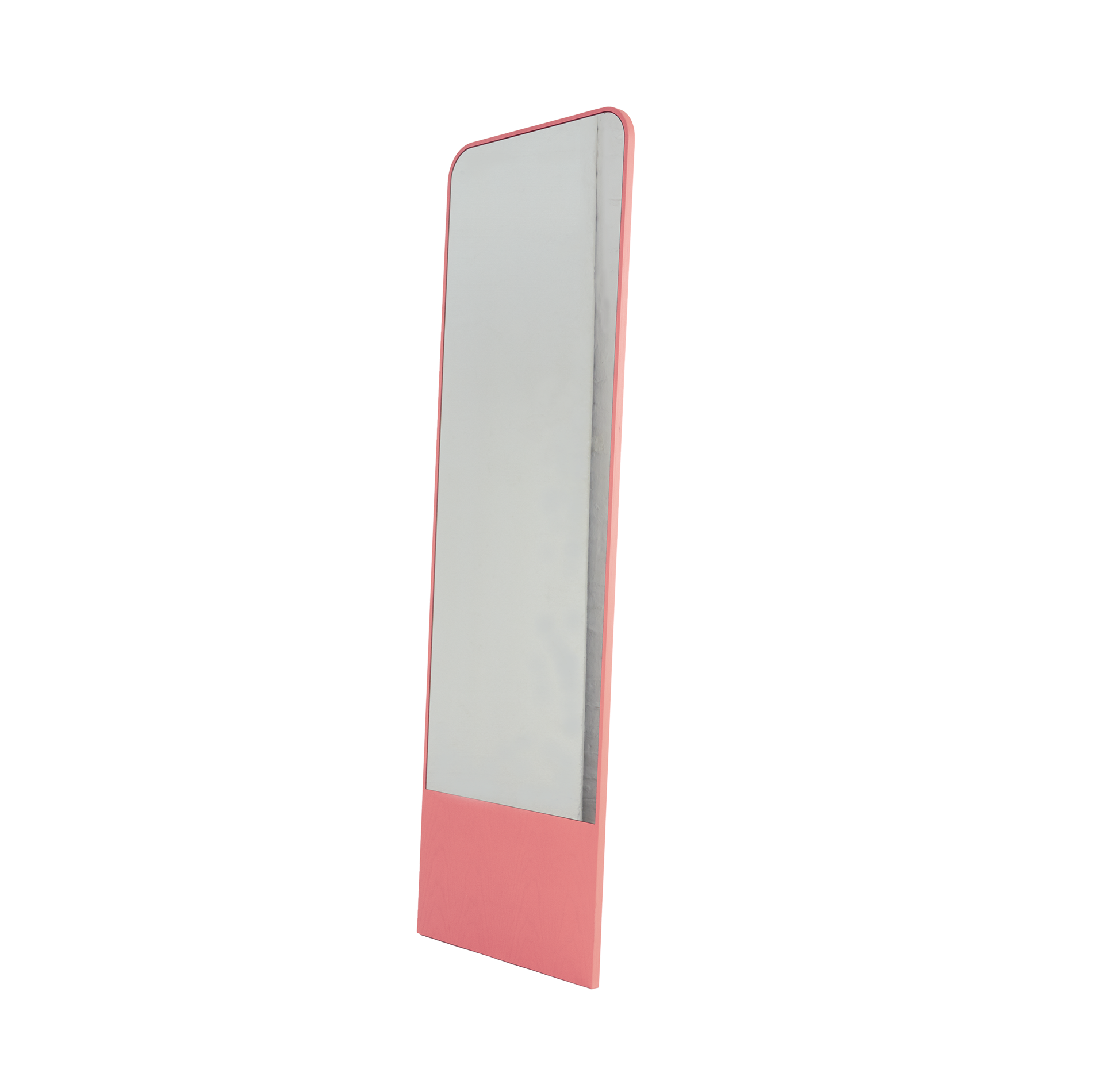 The Friedrich Mirror by Objekte unserer Tage is a tall, rectangular piece with a pink frame, slightly angled against a white background. It embodies minimalist design, perfect for adding elegance to a contemporary living space.