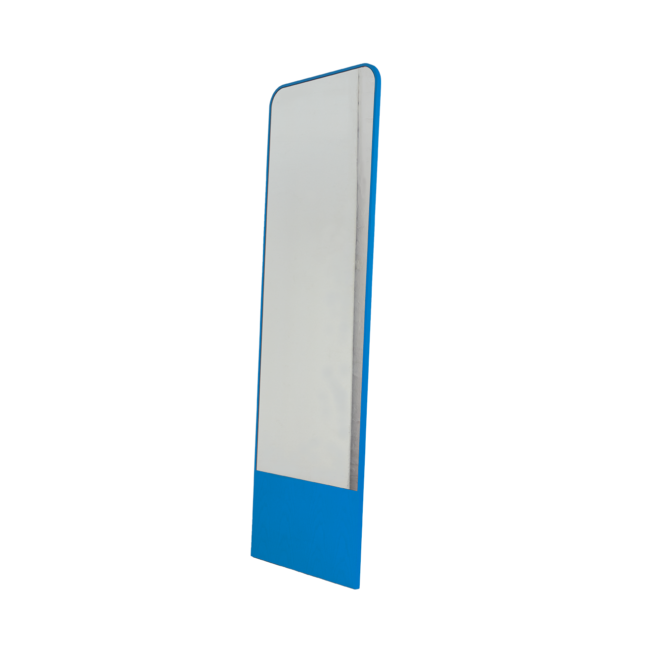 The Friedrich Mirror by Objekte unserer Tage is a tall, rectangular piece featuring a blue bottom border. It stands upright against a white background, showcasing minimalist design ideal for contemporary living spaces and reflecting the brands aesthetic.