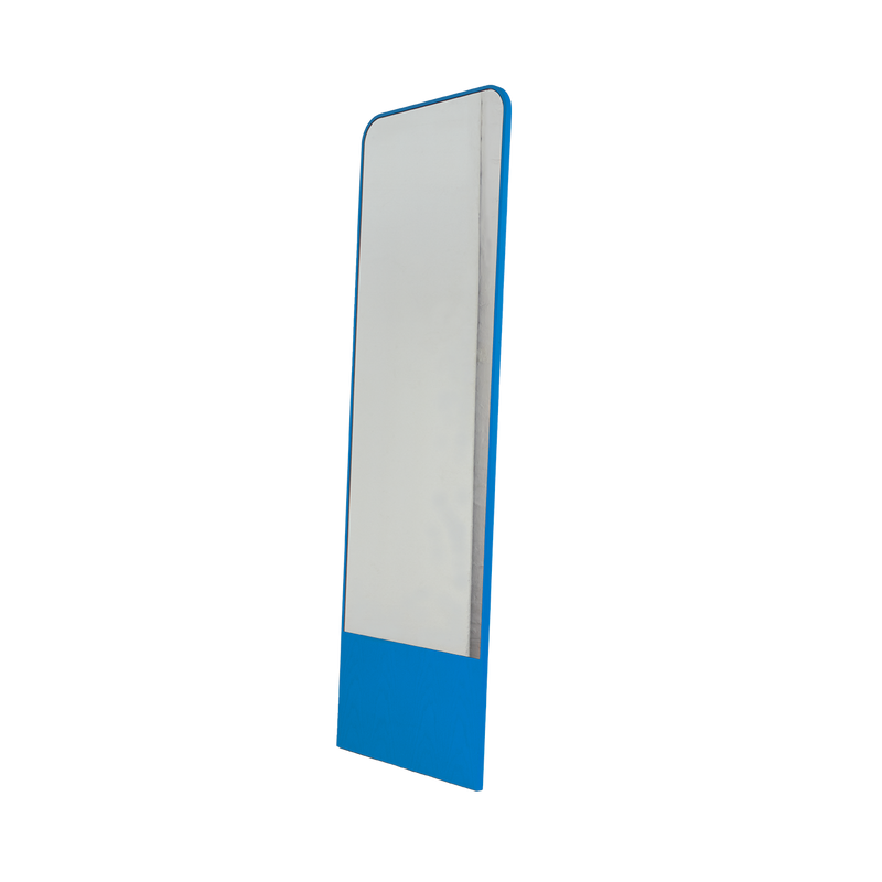 The Friedrich Mirror by Objekte unserer Tage is a tall, rectangular piece featuring a blue bottom border. It stands upright against a white background, showcasing minimalist design ideal for contemporary living spaces and reflecting the brands aesthetic.