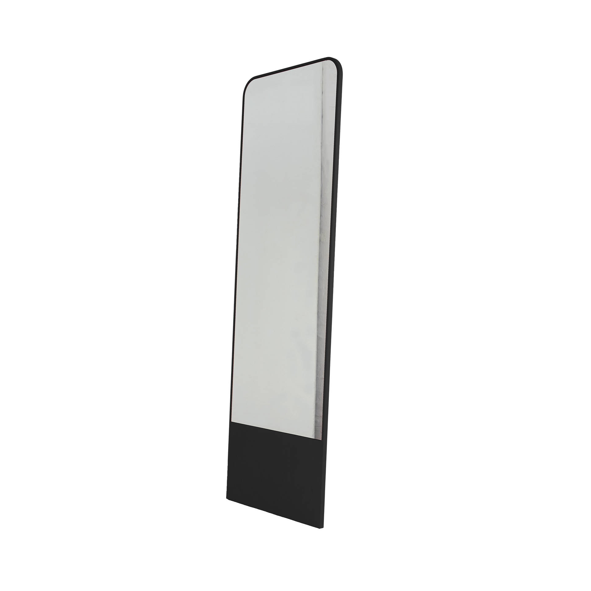 The Friedrich Mirror by Objekte unserer Tage leans slightly to the side on a white background, showcasing its minimalist design with a tall, rectangular shape and black frame with rounded top corners—ideal for a contemporary living space.