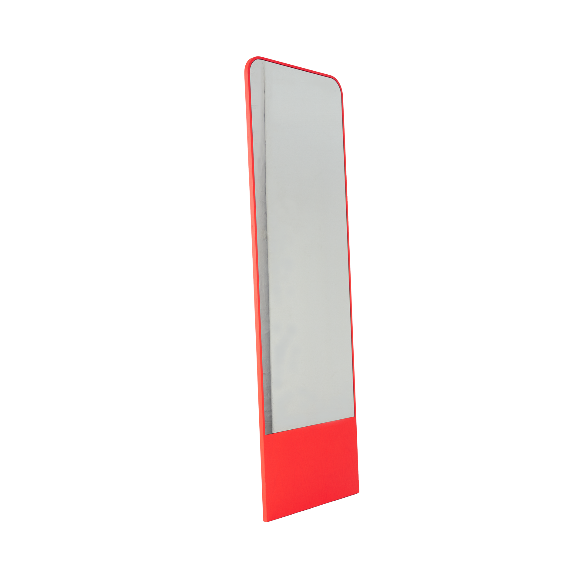 The Friedrich Mirror by Objekte unserer Tage is a rectangular full-length mirror with a red border and base, angled to the side on a white background. It offers minimalist design, seamlessly combining functionality and aesthetic appeal, ideal for a contemporary living space.