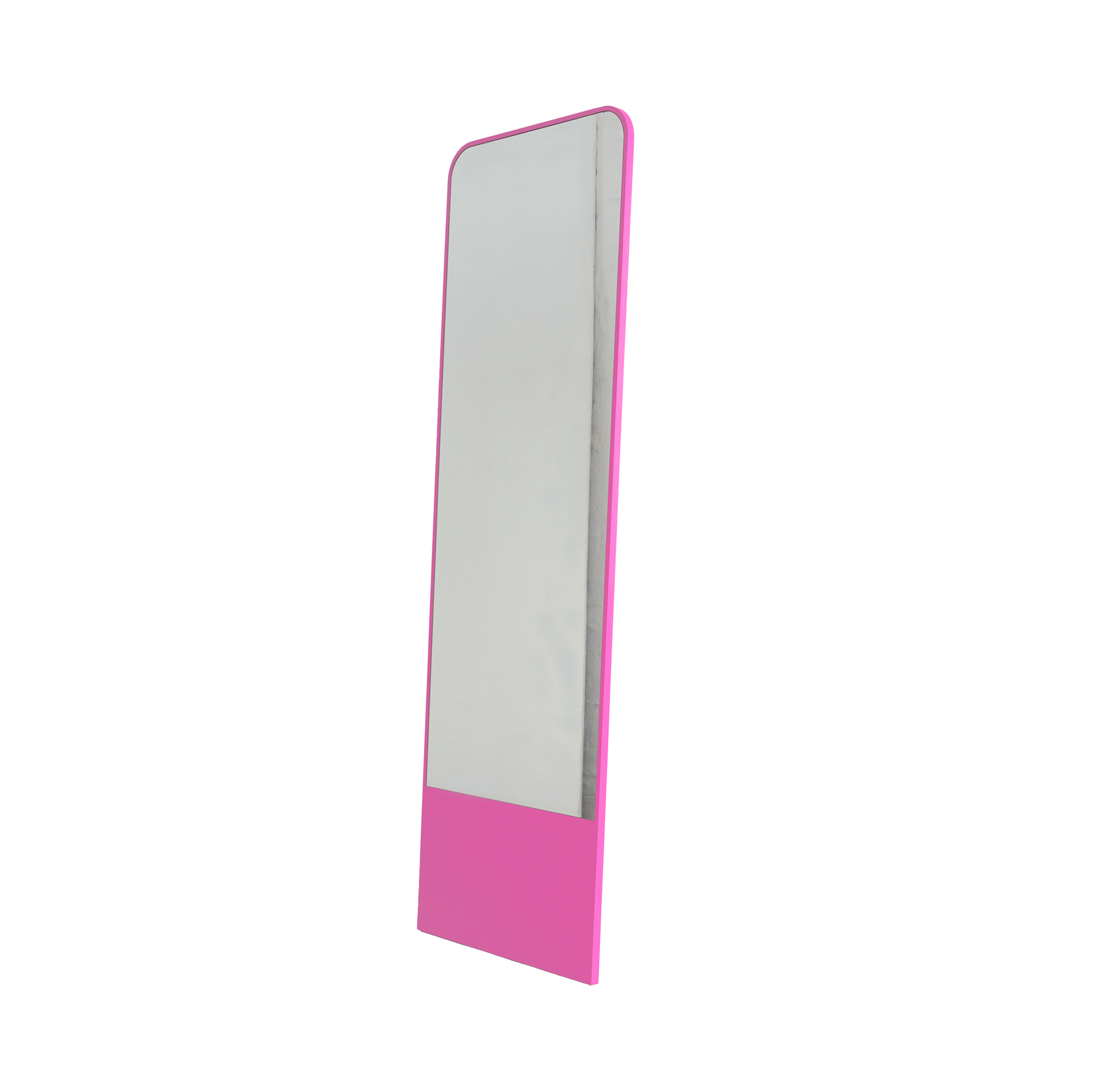 The Friedrich Mirror by Objekte unserer Tage is a full-length mirror with a sleek, minimalist design and a pink frame. Perfect for contemporary living spaces, its upright and slightly angled to the side.