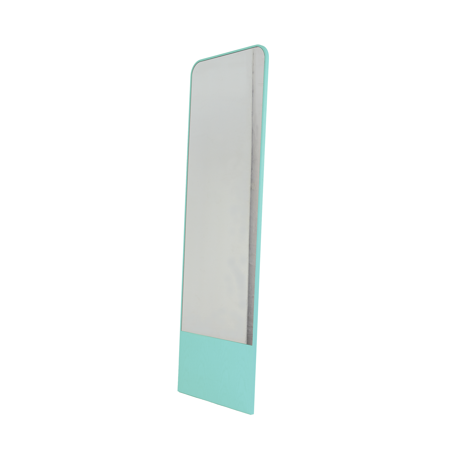 The Friedrich Mirror by Objekte unserer Tage features a tall, rectangular design with a light blue frame. Perfect for contemporary spaces, it leans slightly back and beautifully reflects light, showcasing an elegant minimalist aesthetic.