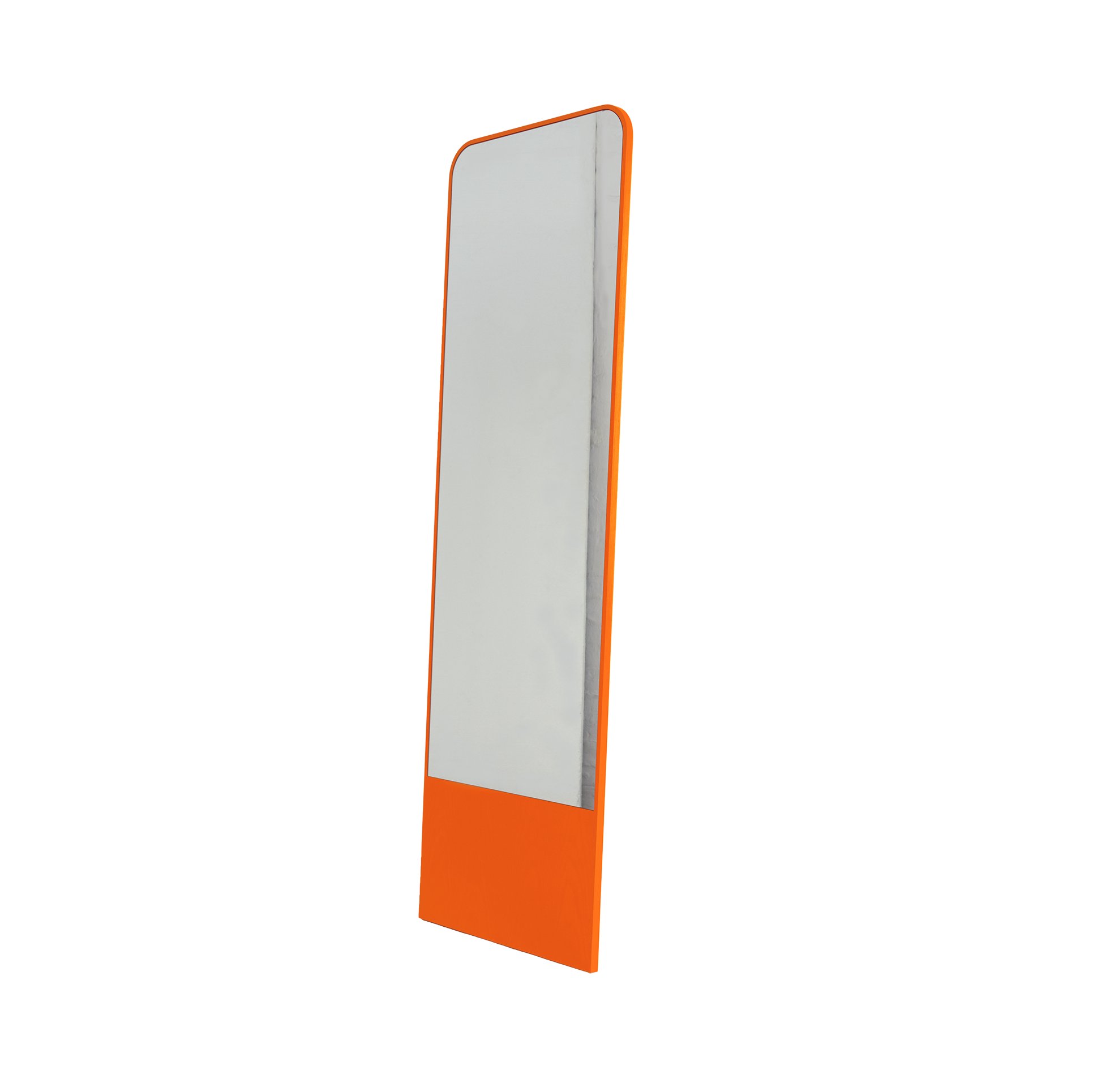 The Friedrich Mirror by Objekte unserer Tage features a tall, narrow, minimalist design with a rectangular shape and vibrant orange frame. Slightly rounded edges and an angled base ensure stability, adding contrast and contemporary style to any living space.