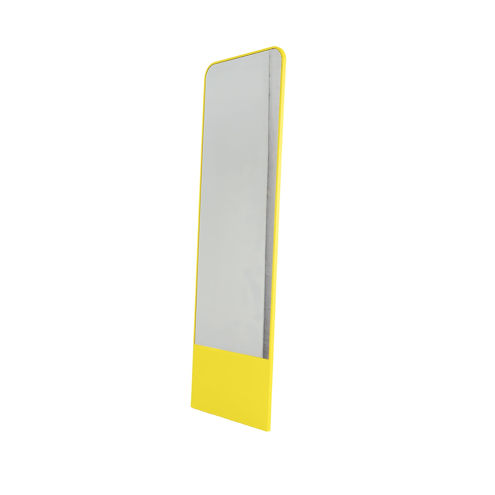 The Friedrich Mirror by Objekte unserer Tage is a tall, narrow rectangular piece with a bright yellow frame, perfect for any contemporary space. The wider bottom frame and freestanding design offer a modern touch, standing elegantly against a white background.
