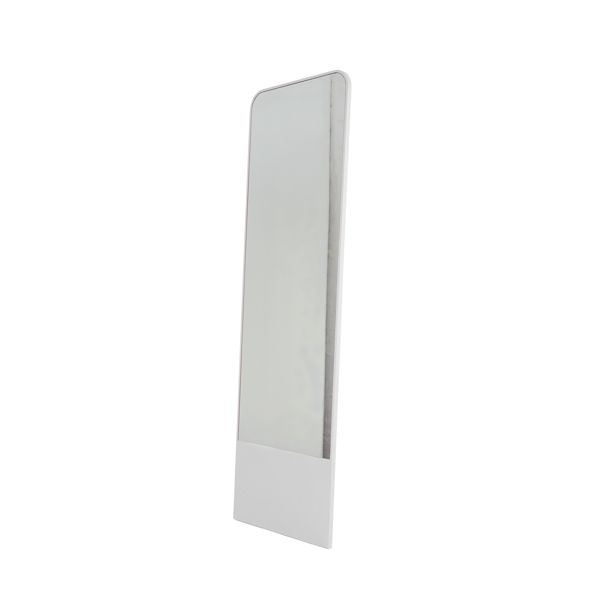 The Friedrich Mirror by Objekte unserer Tage is a tall, rectangular full-length mirror with a sleek, minimalist design. It stands on a flat surface with a slight right angle and features a thin frame and white base, ideal for any contemporary living space.