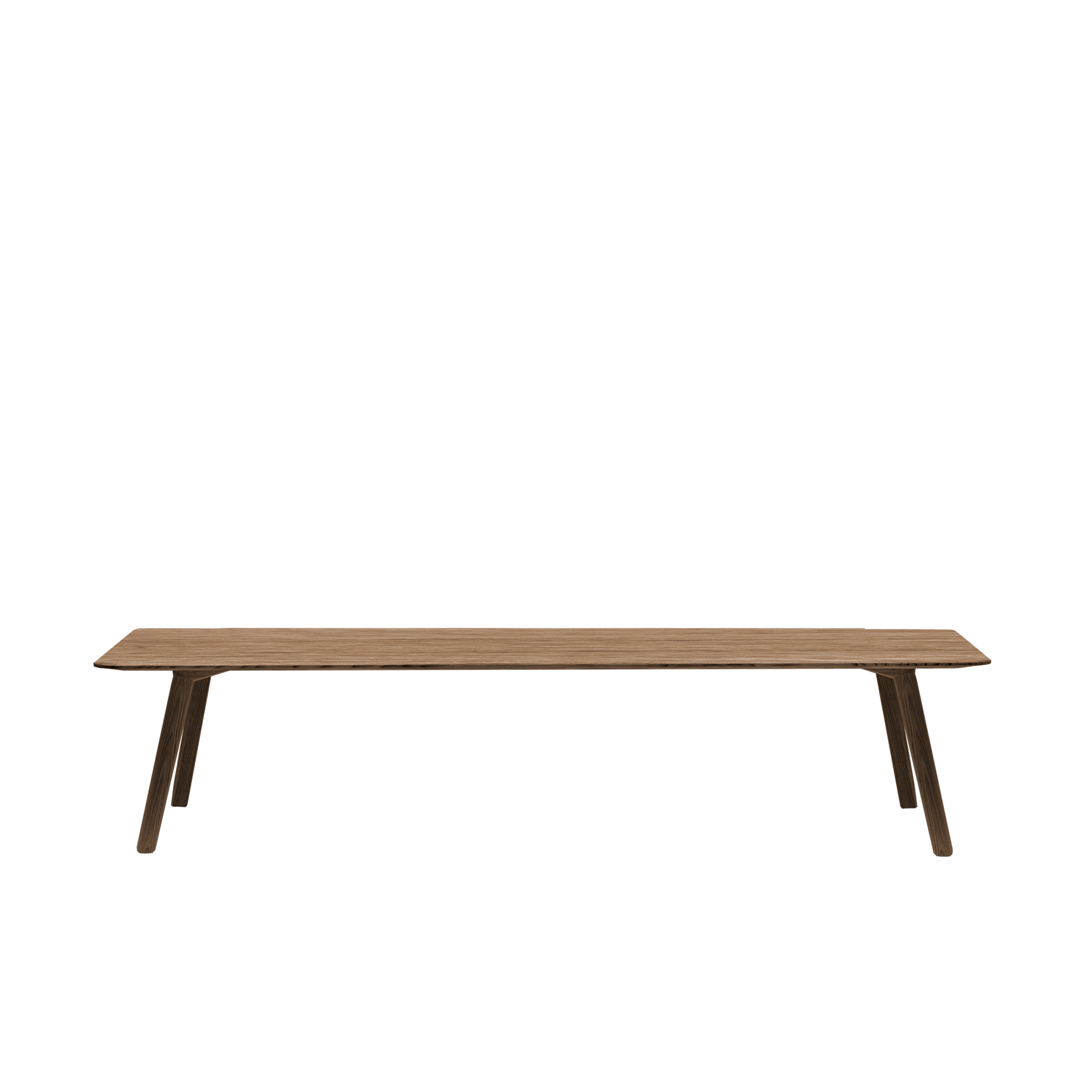 The Meyer Bench by Objekte unserer Tage is a wooden bench with a simple design and filigree look. It has a flat top, angled legs, and is crafted from solid ash with a natural wood finish, displayed against a plain white background.