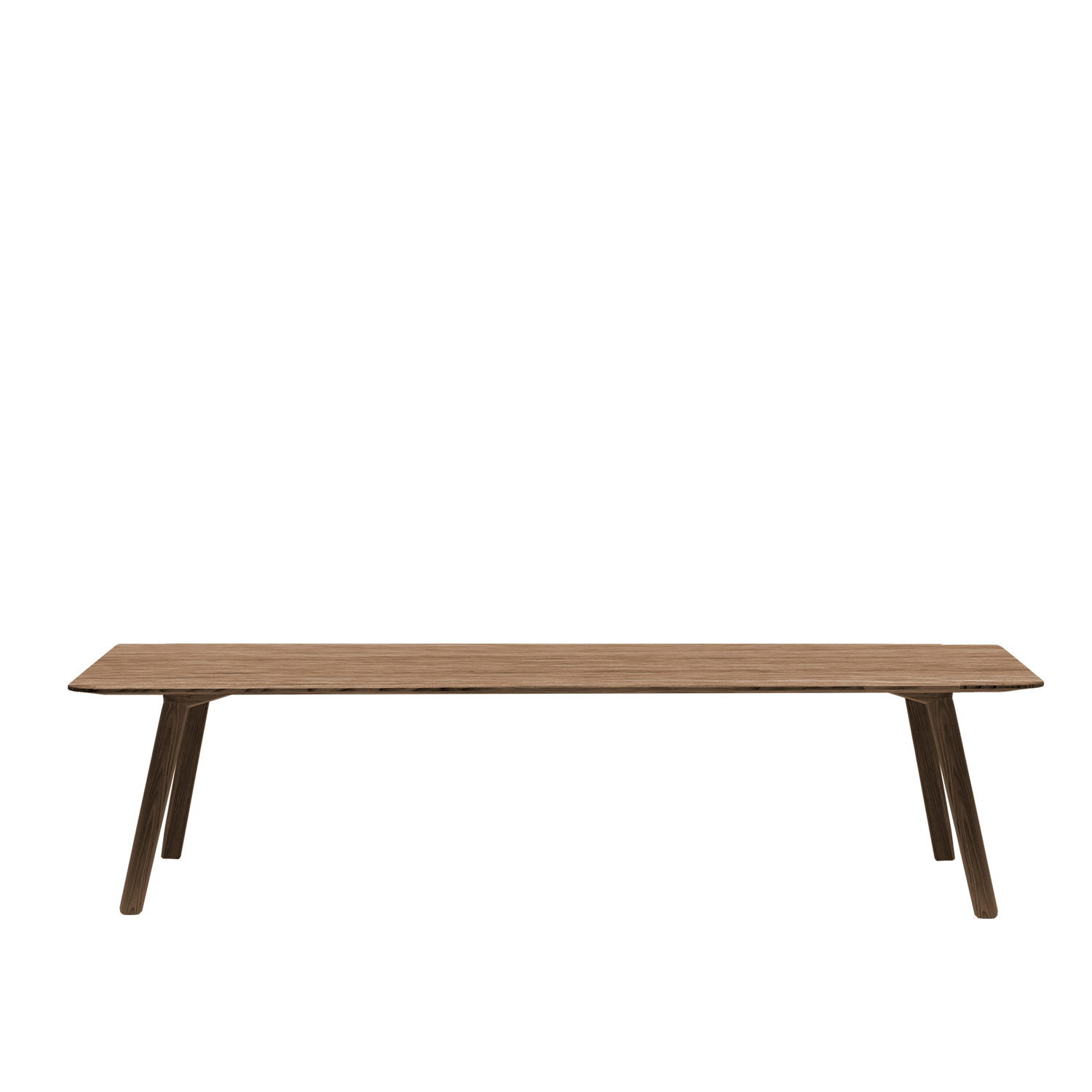 The Meyer Bench by Objekte unserer Tage is a long, minimalist bench made from solid ash. It features a smooth rectangular surface with four slanted legs and a natural wood finish that provides a subtle filigree look against a plain white background.