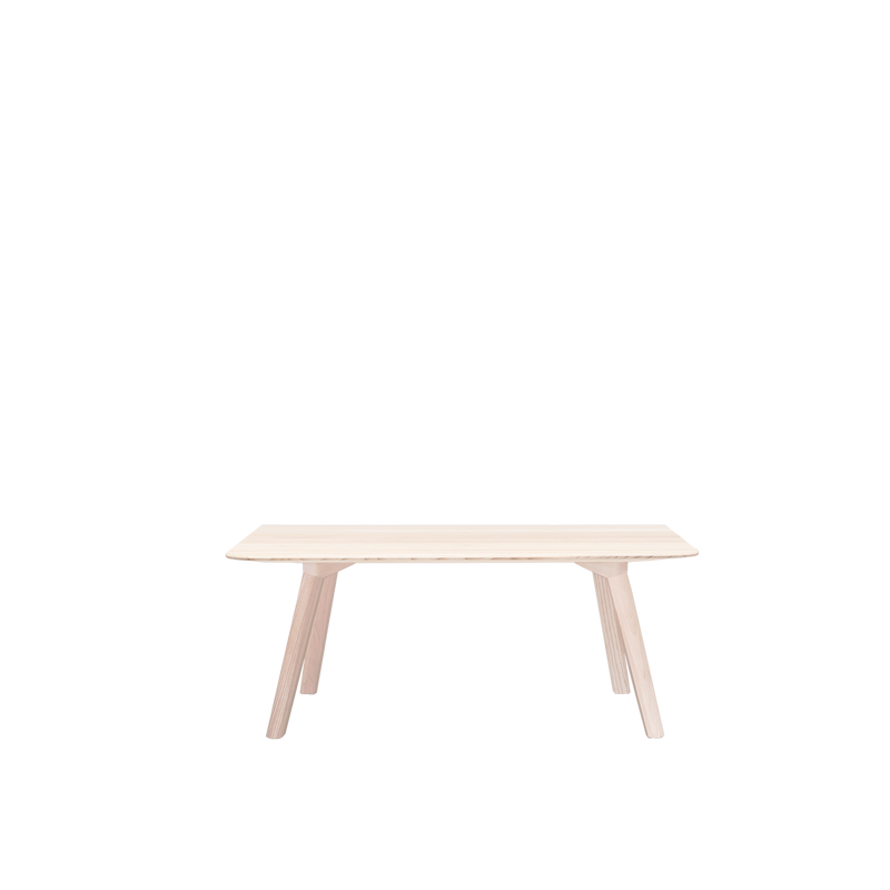 The Meyer Bench by Objekte unserer Tage is a minimalist piece crafted from solid ash, featuring four sturdy angled legs and a light finish, with a filigree design that stands out against a white background.