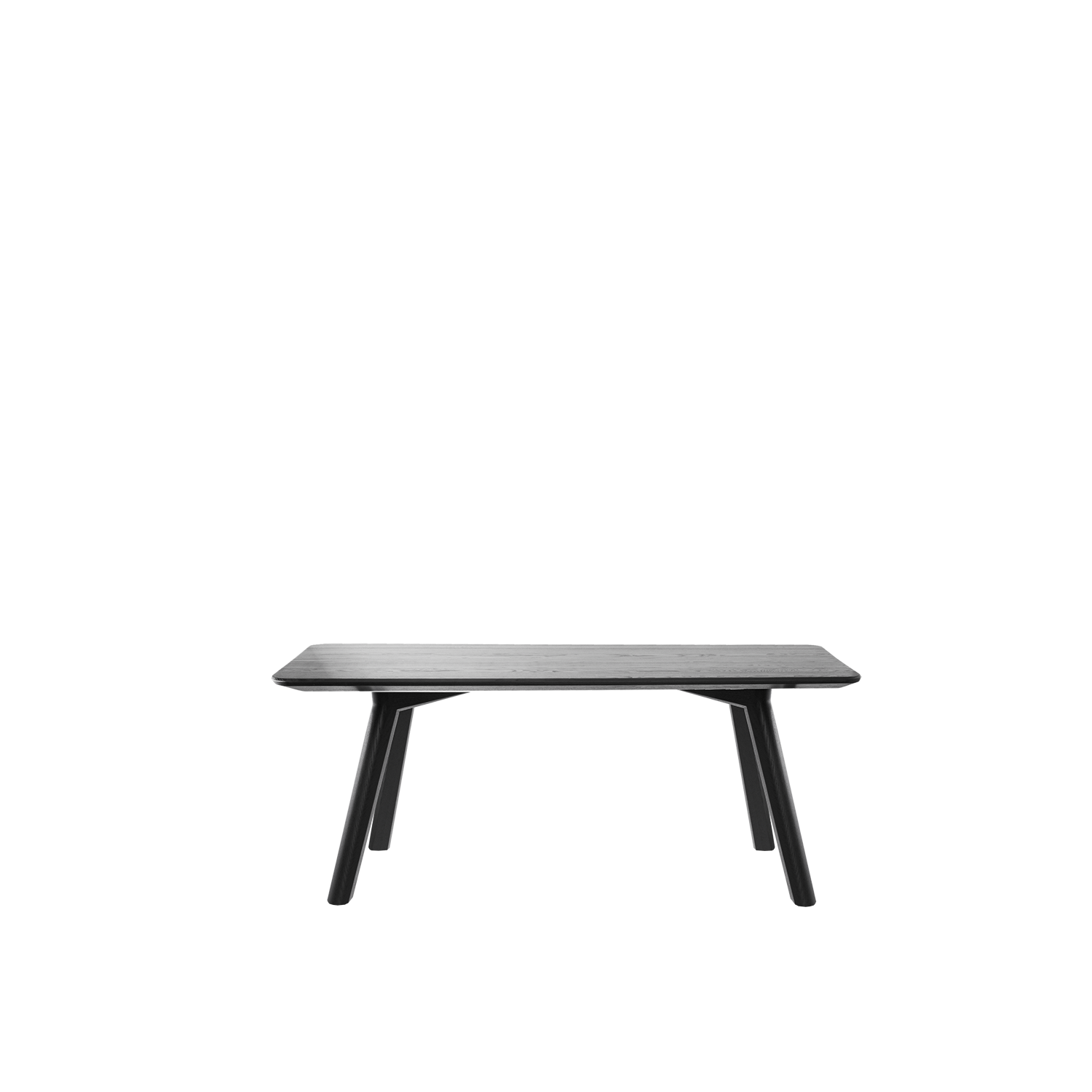 The Meyer Bench by Objekte unserer Tage is a minimalist black piece made from solid ash, showcasing a sleek rectangular seat and slightly angled legs against a white backdrop.