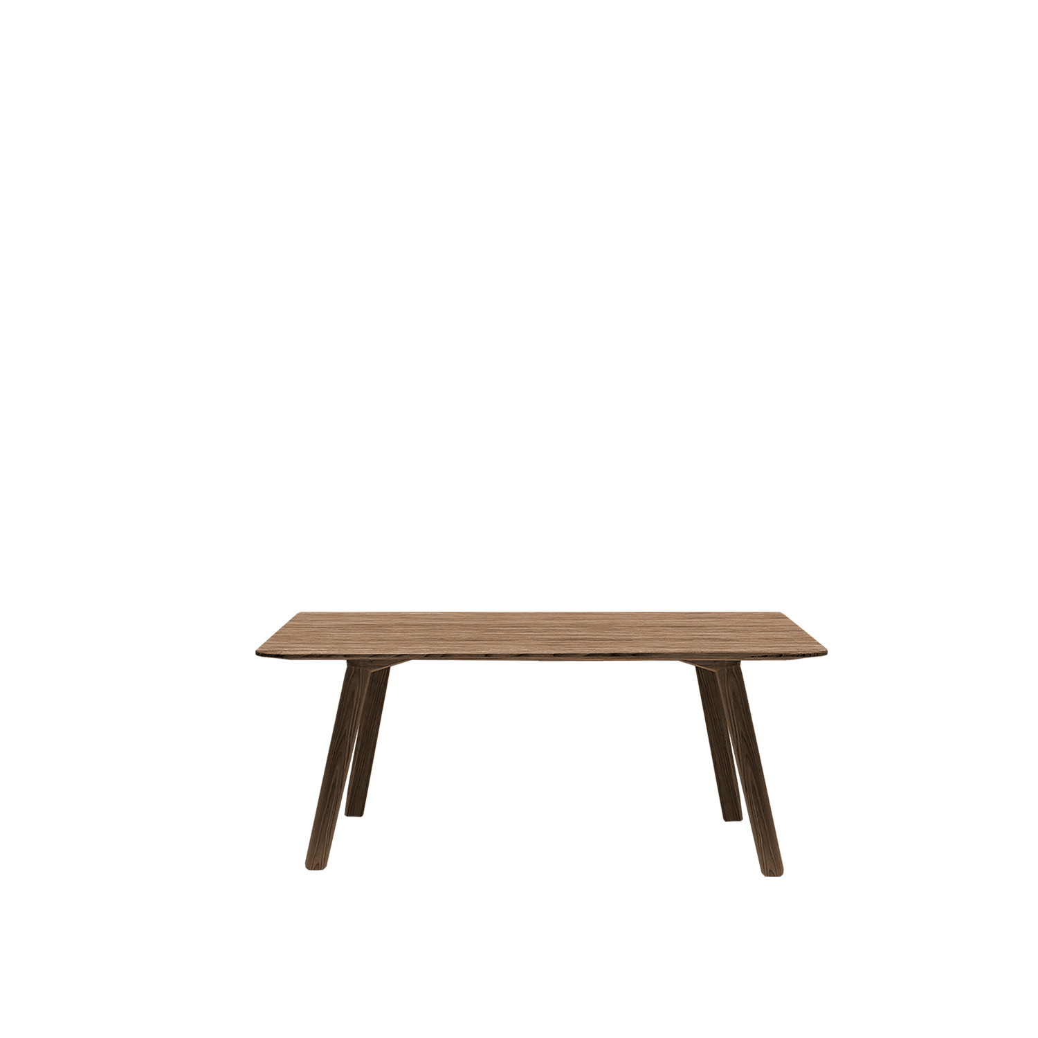 The Meyer Bench by Objekte unserer Tage is a minimalist piece crafted from solid ash, featuring a rectangular top and four angled legs. Its natural wood finish and simple yet elegant design are perfect for refined spaces, with the plain white background accentuating its graceful appearance.